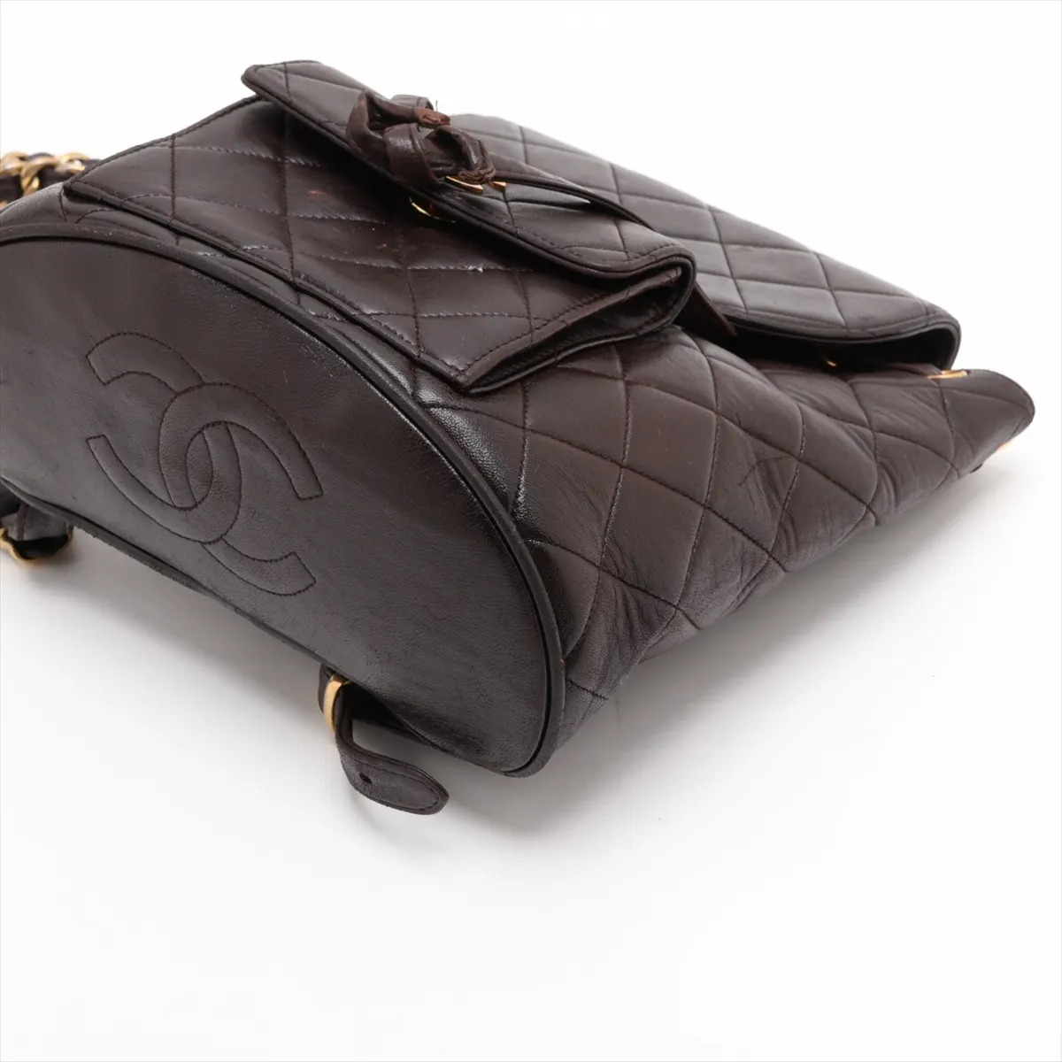 Matelassé Lambskin Chain Backpack, Brown with Gold Hardware — view 3