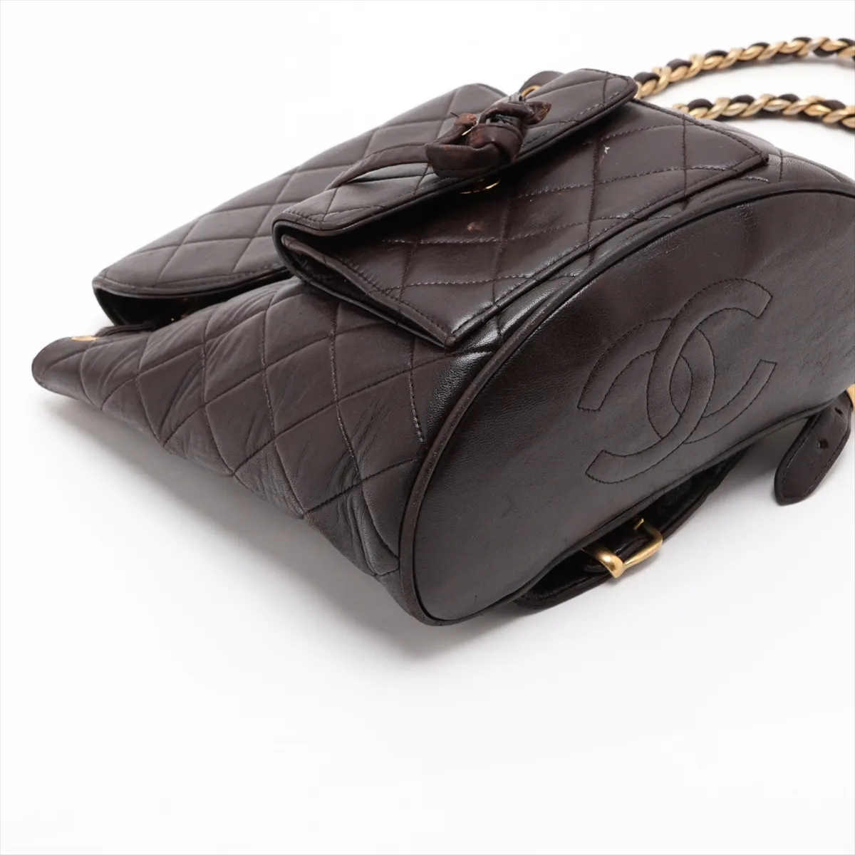 Matelassé Lambskin Chain Backpack, Brown with Gold Hardware — view 4