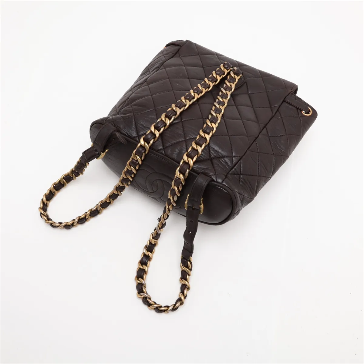 Matelassé Lambskin Chain Backpack, Brown with Gold Hardware — view 5