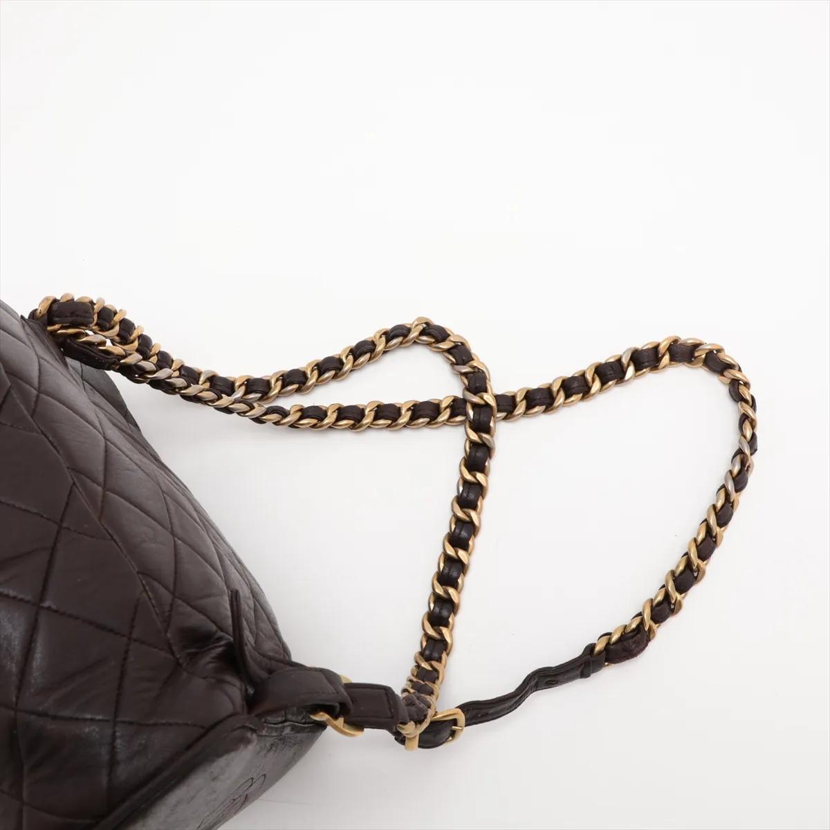 Matelassé Lambskin Chain Backpack, Brown with Gold Hardware — view 6