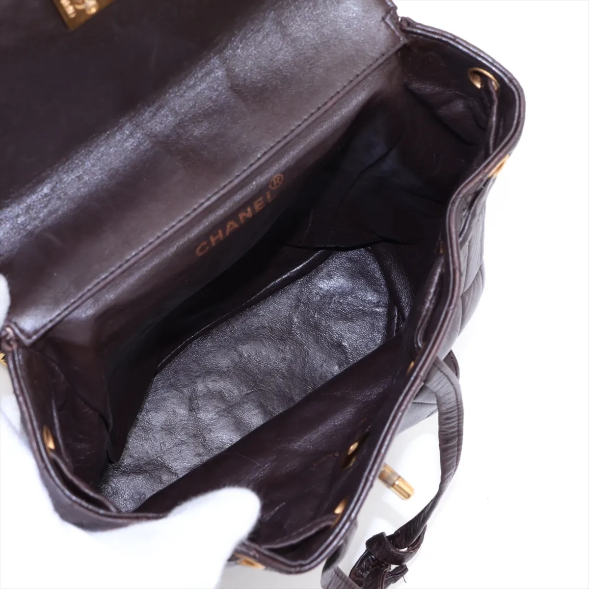 Matelassé Lambskin Chain Backpack, Brown with Gold Hardware — view 7