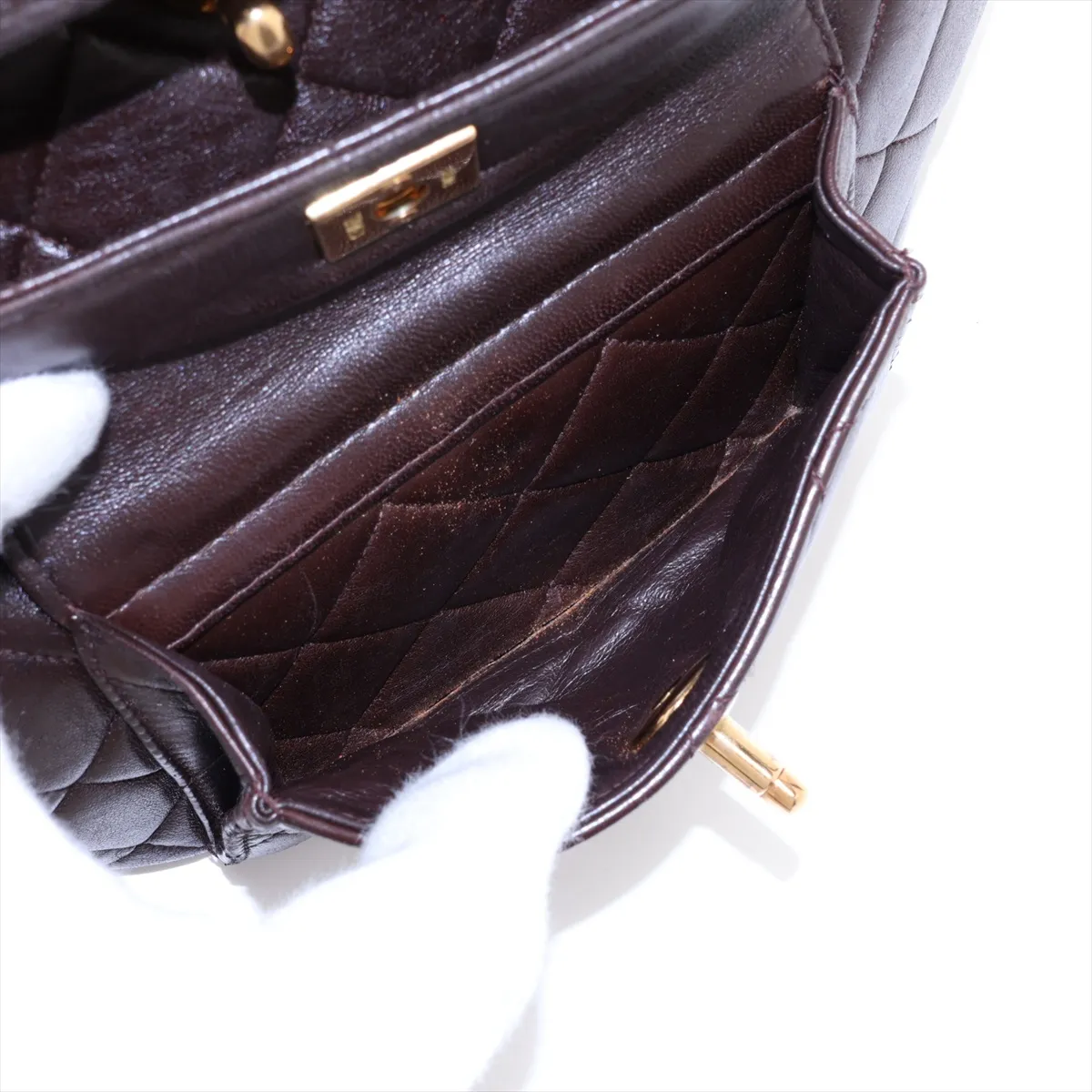 Matelassé Lambskin Chain Backpack, Brown with Gold Hardware — view 8