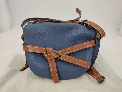 Navy Brown Calfskin Gate Dual Shoulder Bag