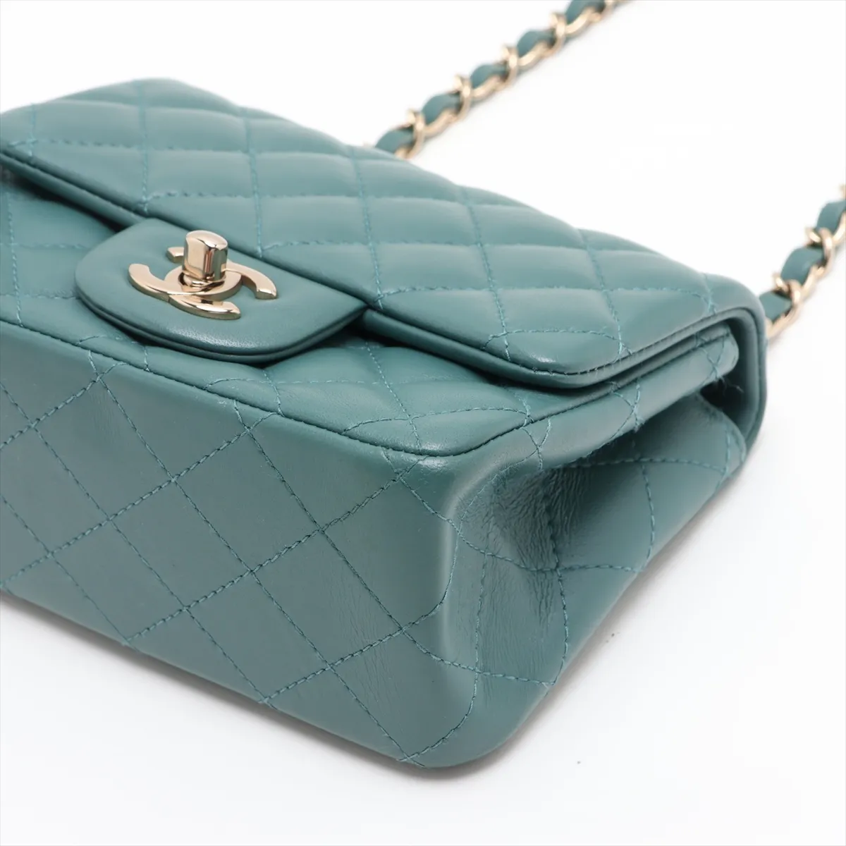 Mini Matelassé 17 Lambskin Single Flap Single Chain Bag, Green with Gold Hardware, JKLGG98G, Random Plate, A35200 — view 3