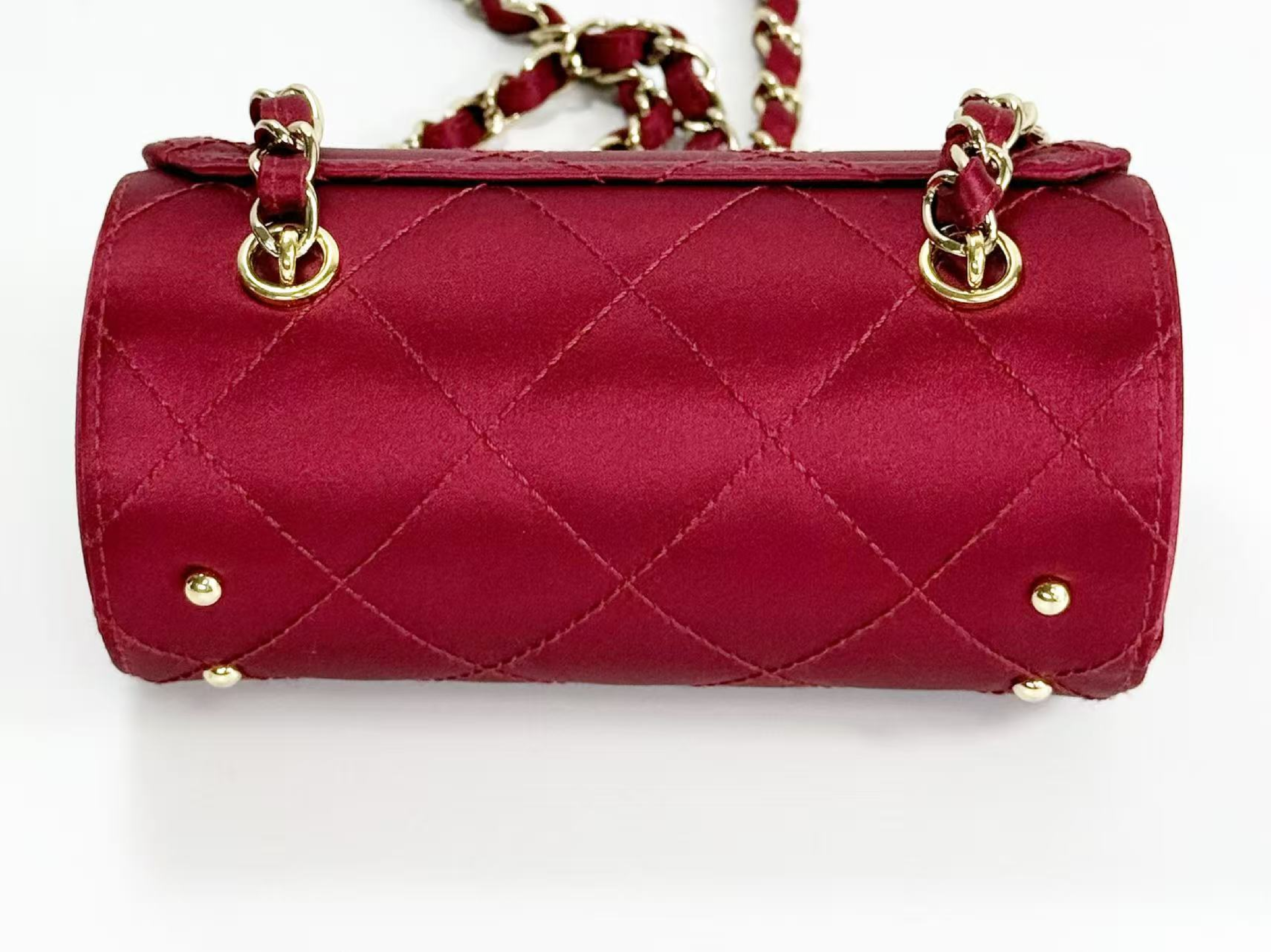 Matelassé Barrel Bag, Satin, Wine Red, Vintage, W16/H8/D8cm (approx.), Serial Number 9-series, [Box, Dust Bag, and Seal Included], Gold Hardware, Shoulder Bag, 9318971 — view 12