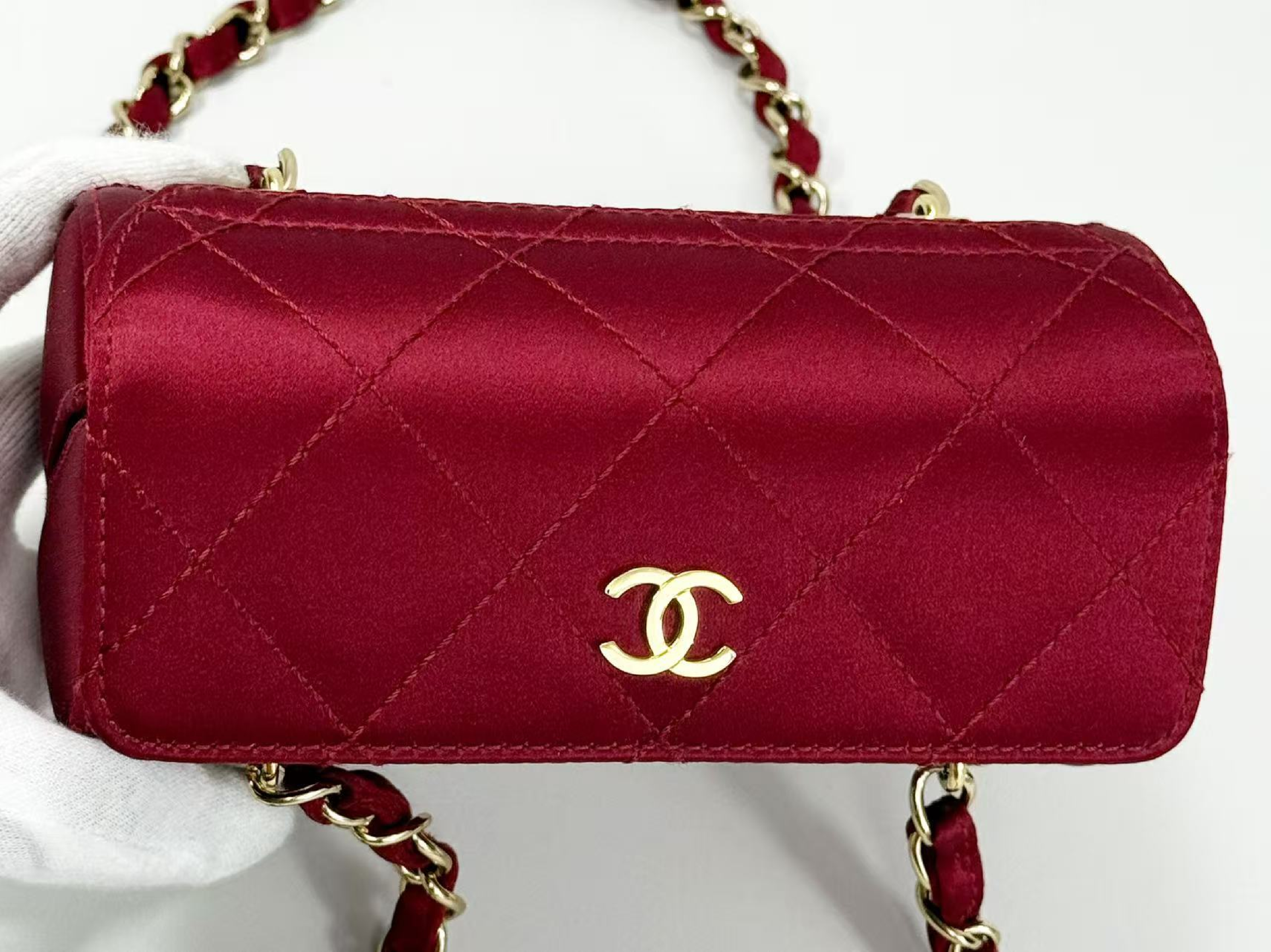 Matelassé Barrel Bag, Satin, Wine Red, Vintage, W16/H8/D8cm (approx.), Serial Number 9-series, [Box, Dust Bag, and Seal Included], Gold Hardware, Shoulder Bag, 9318971 — view 8