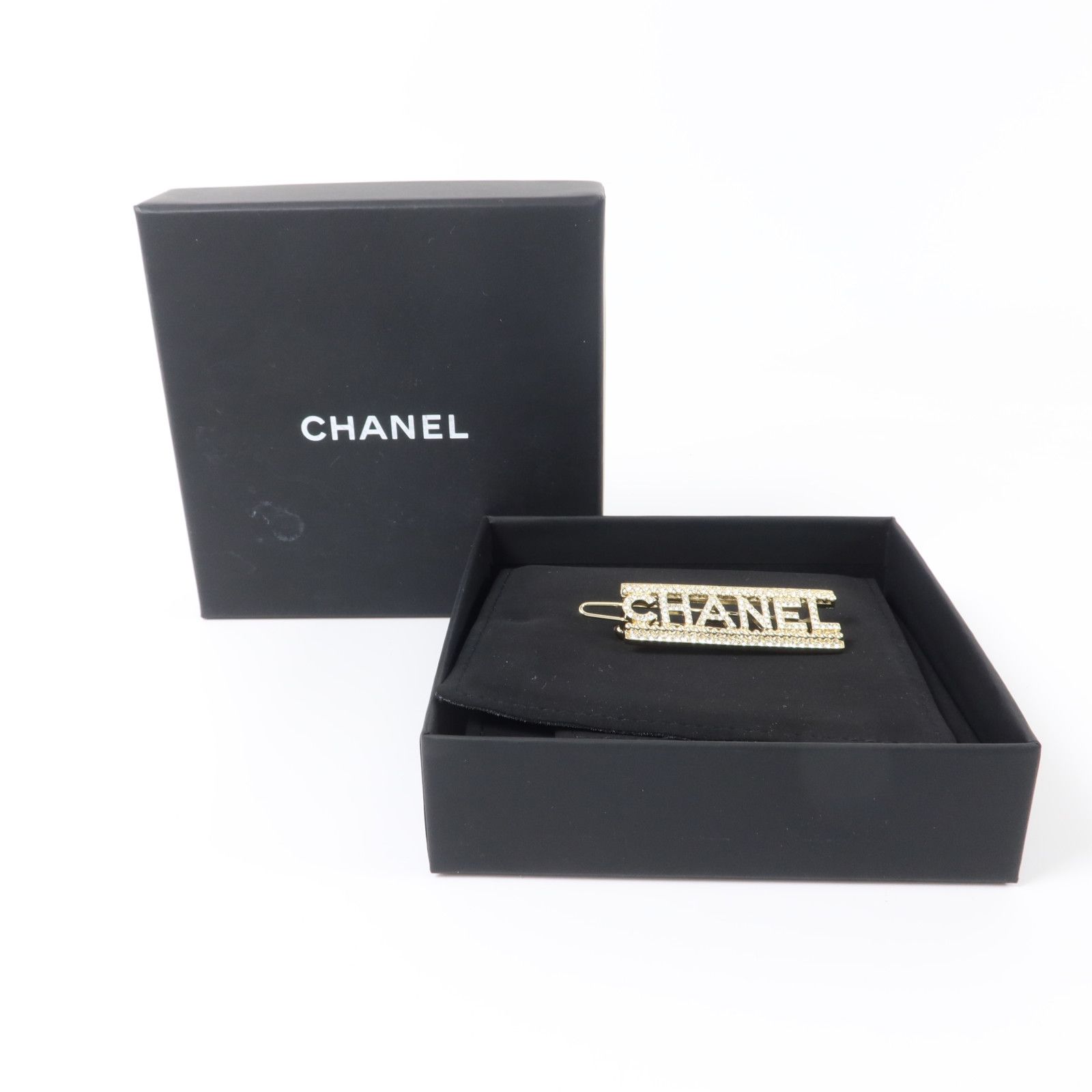 Crystal Gold Tone Chanel Logo Hair Barrette w/Box — view 7
