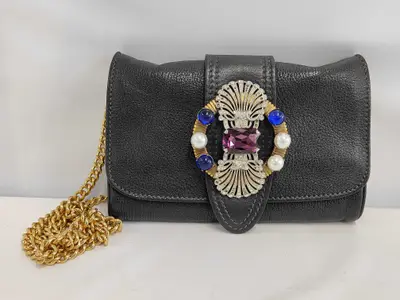 Madras Chain Shoulder Bag with Rhinestones, Black Shoulder Bag