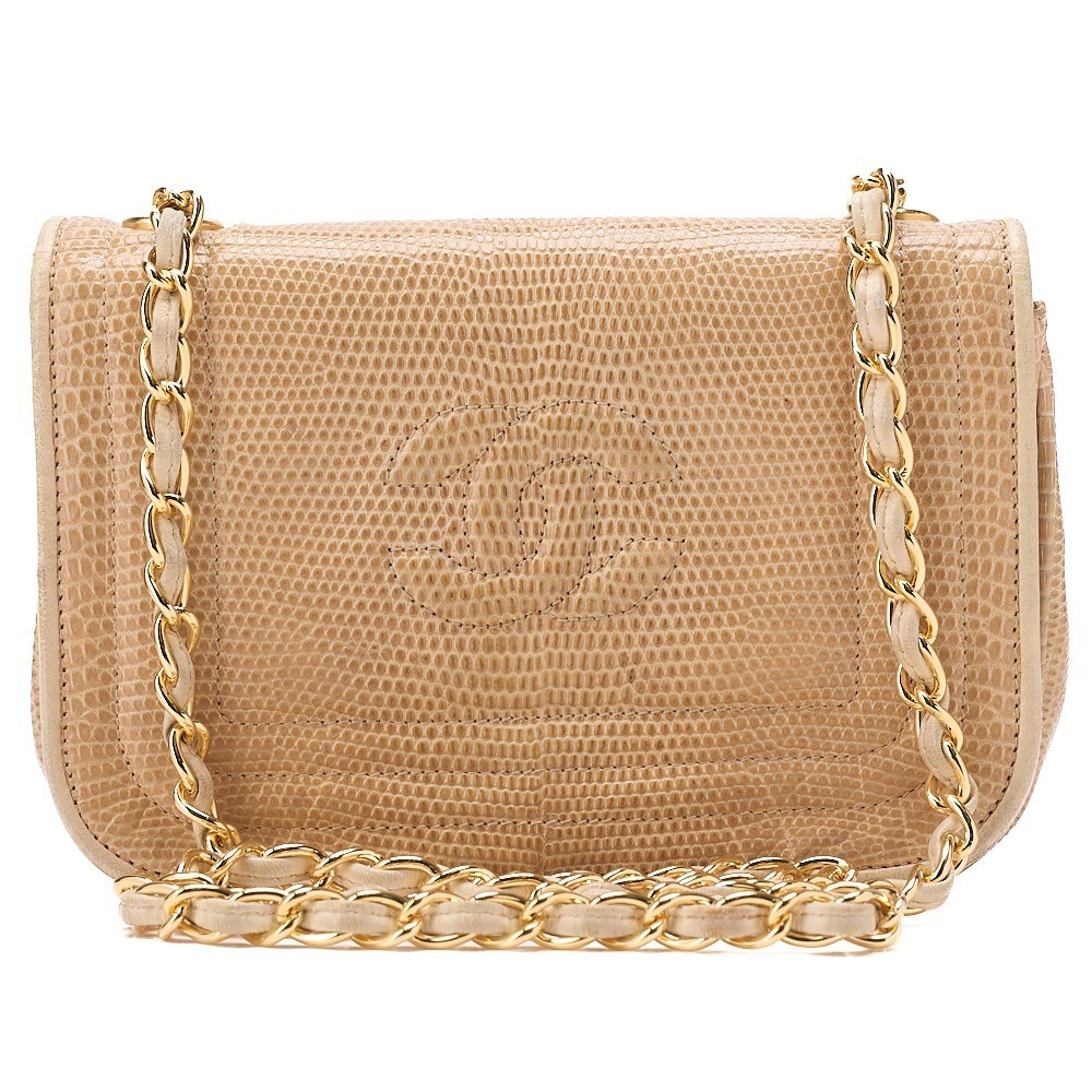 Lizard leather, Coco Mark, full flap chain shoulder bag, beige