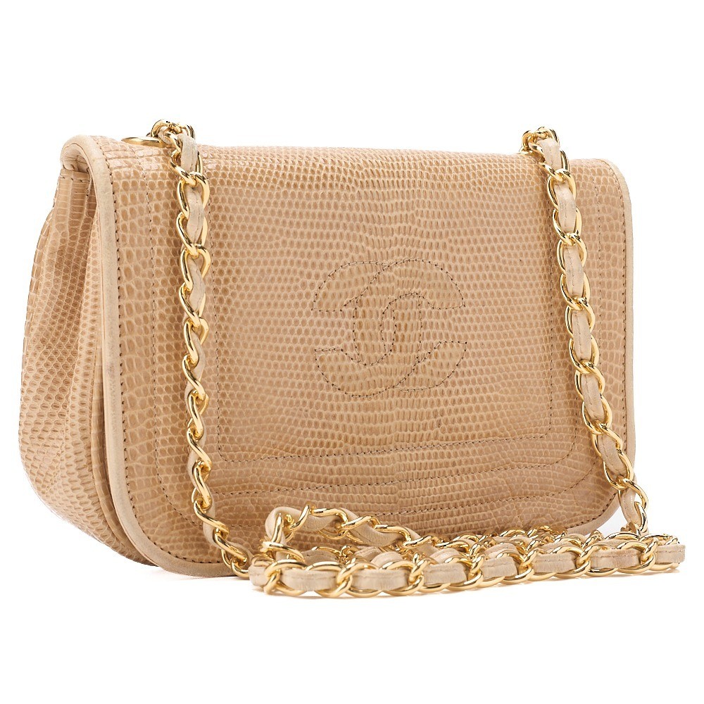 Lizard leather, Coco Mark, full flap chain shoulder bag, beige — view 3
