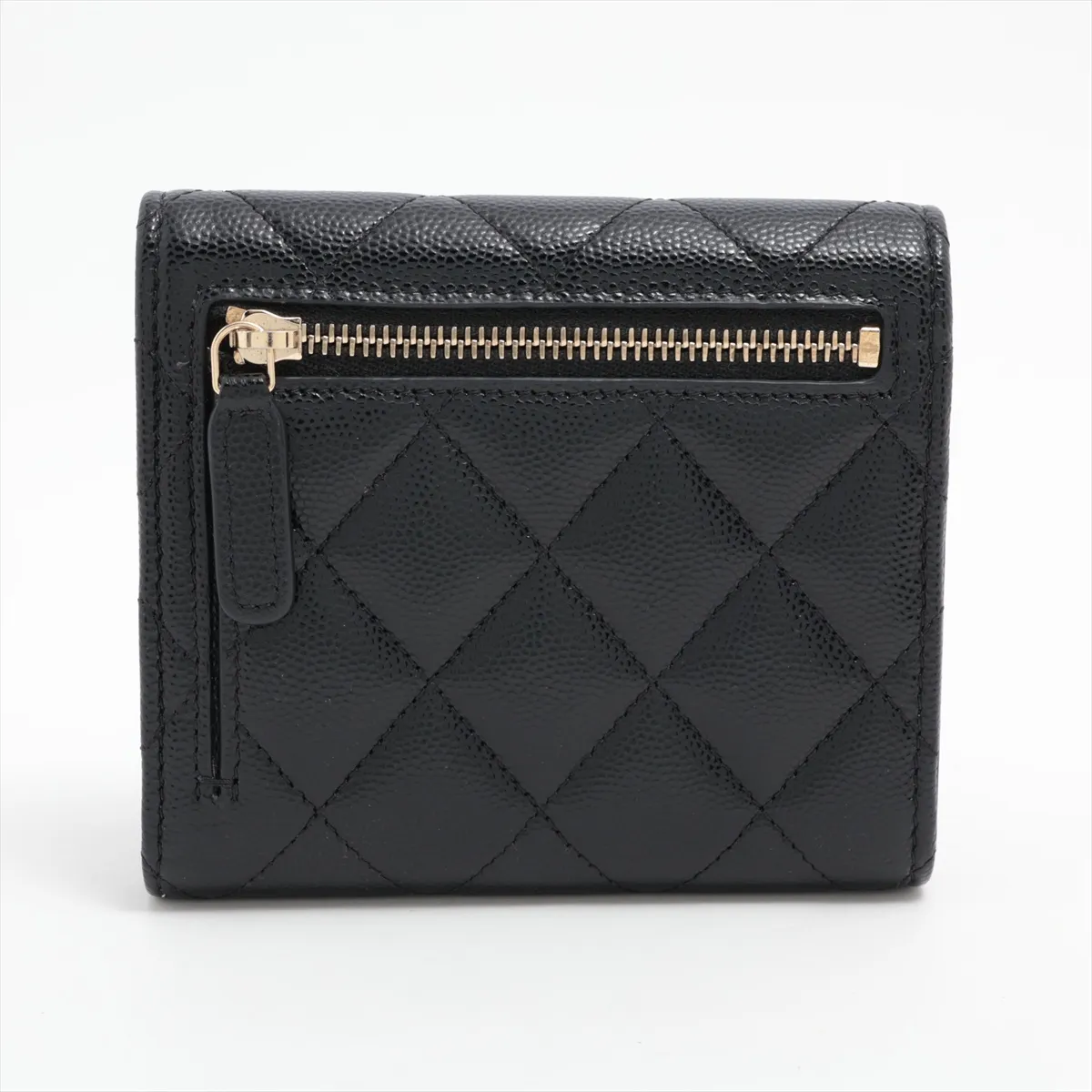 Matelassé Caviar Skin Compact Wallet, Black with Gold Hardware, X76C4T74 — view 2