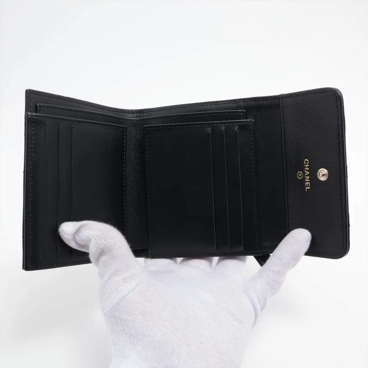 Matelassé Caviar Skin Compact Wallet, Black with Gold Hardware, X76C4T74 — view 4