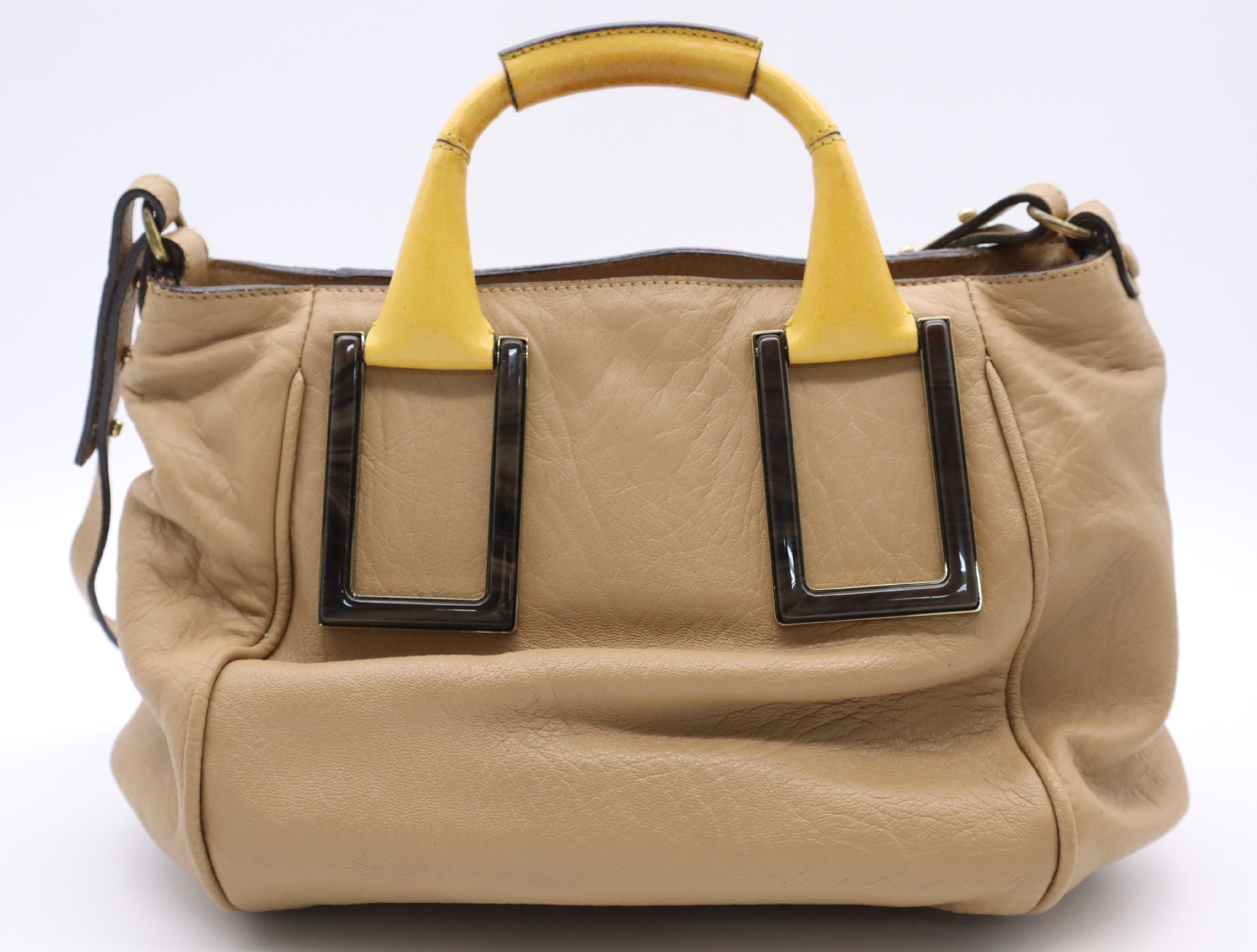 Leather Ethel 2-way Handbag, Beige/Yellow, with Shoulder Strap, Dust Bag, and Card. — view 2