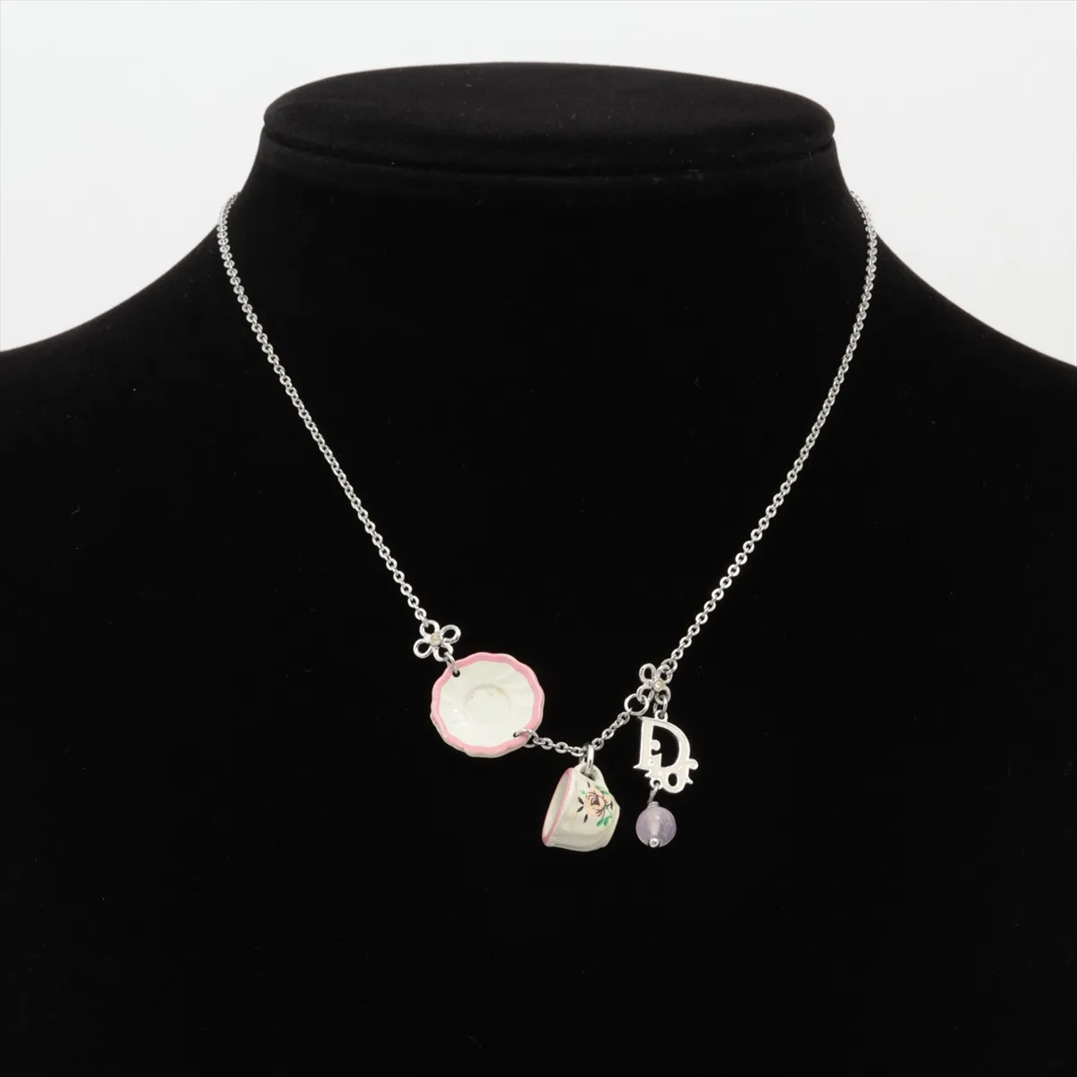 logo necklace, metal and rhinestone, silver. Shows signs of wear, — view 5