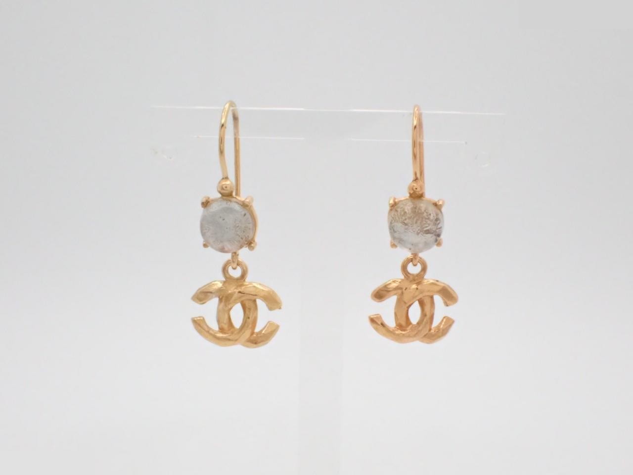 hook earrings, 99P, Coco Mark, rhinestone, gold, height 3.5cm