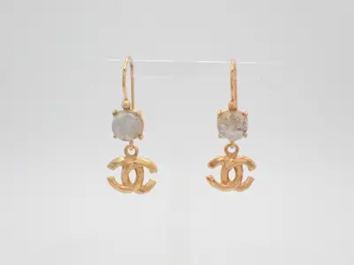hook earrings, 99P, Coco Mark, rhinestone, gold, height 3.5cm