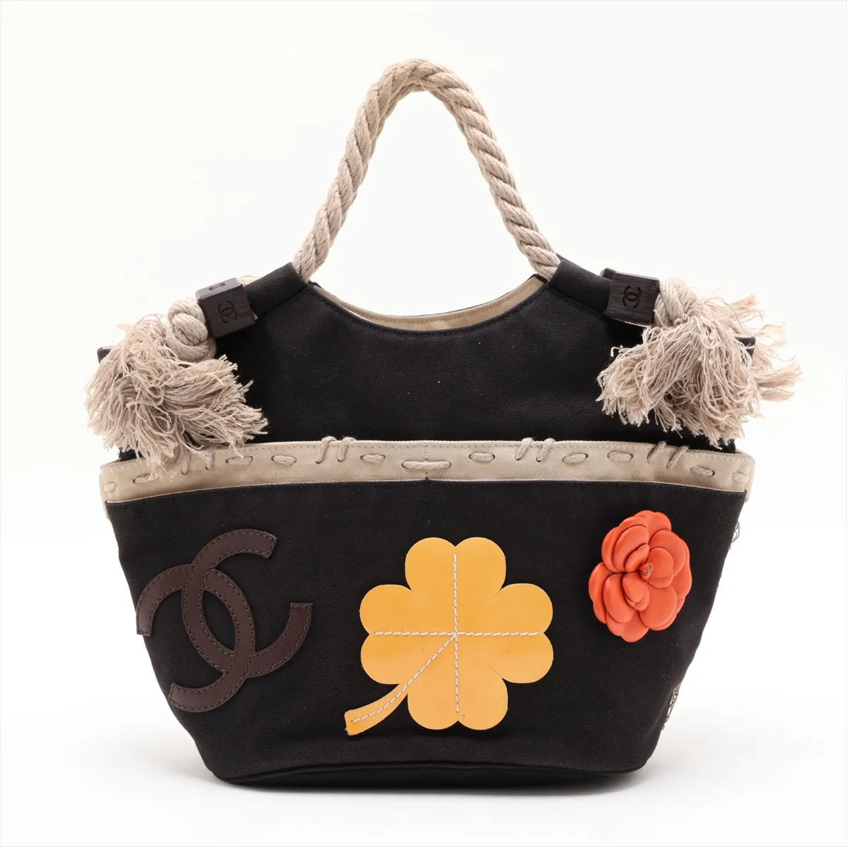 Camellia Canvas Handbag, Black with Silver Hardware