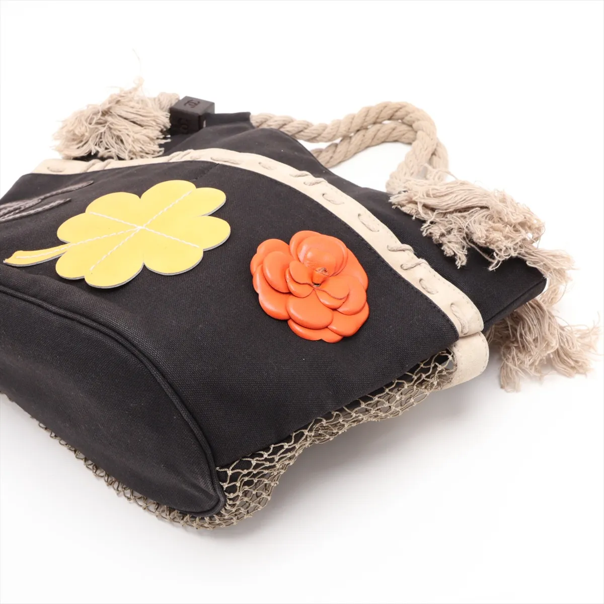 Camellia Canvas Handbag, Black with Silver Hardware — view 3