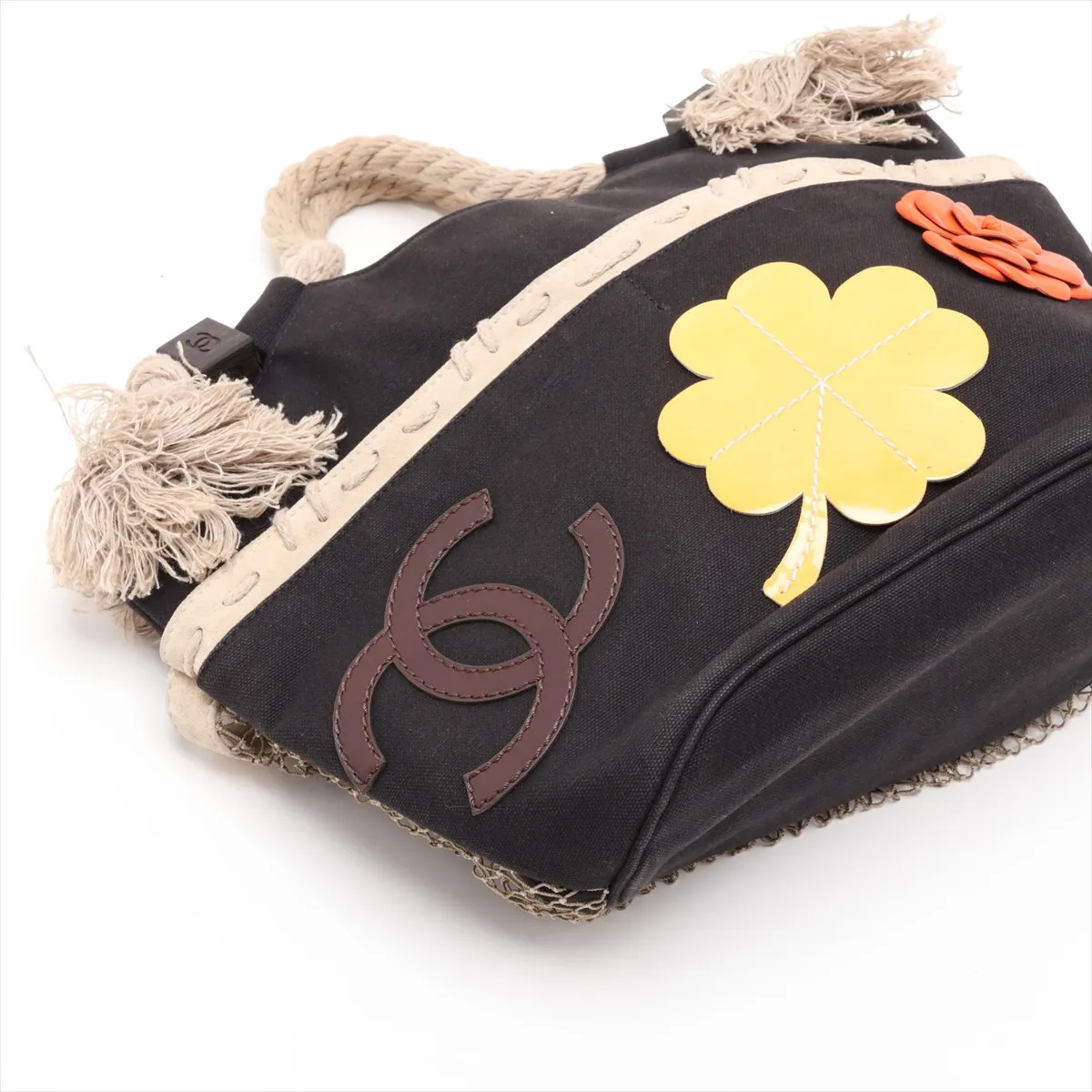 Camellia Canvas Handbag, Black with Silver Hardware — view 4