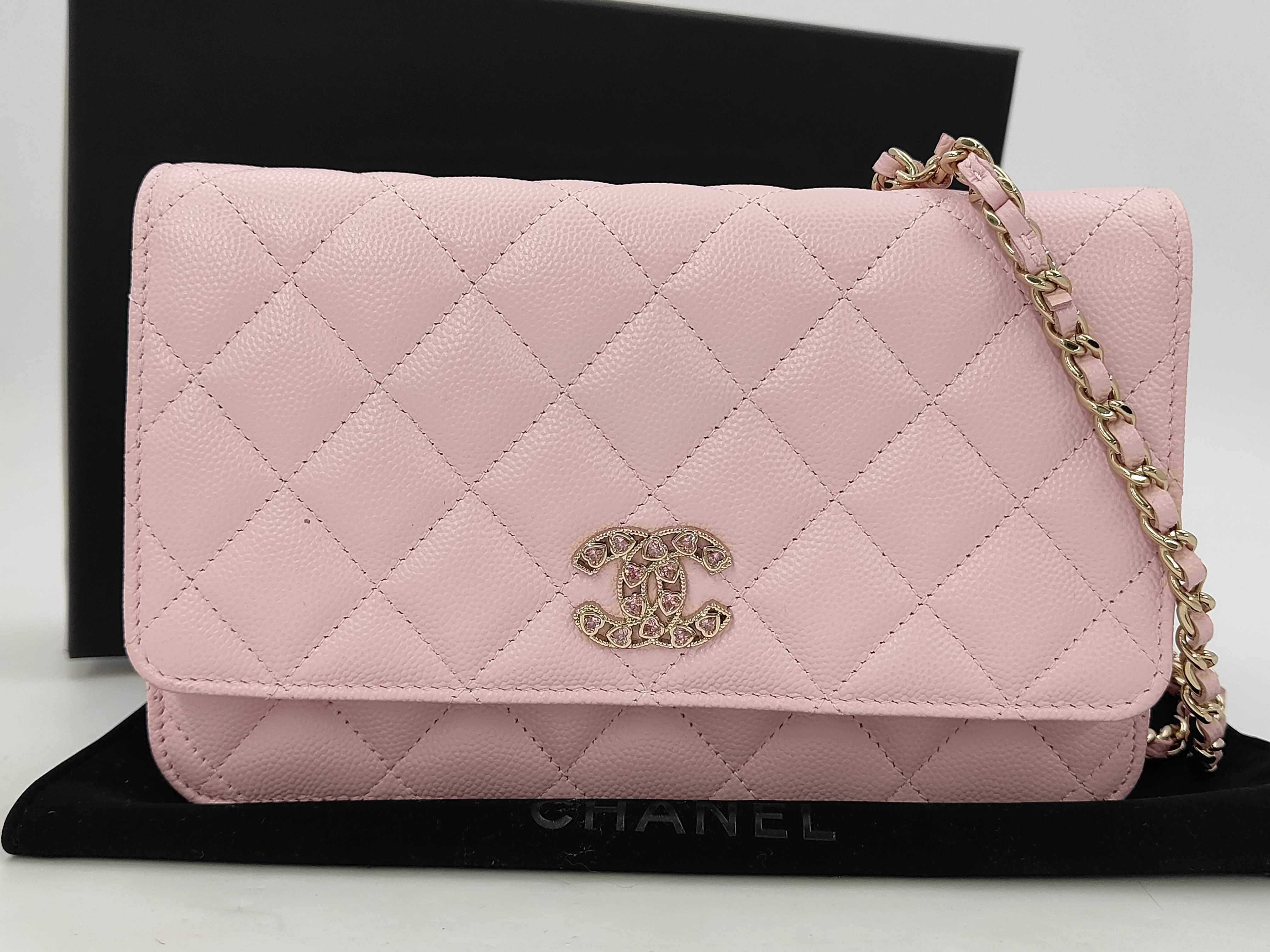 Caviar Skin Chain Wallet with Rhinestones