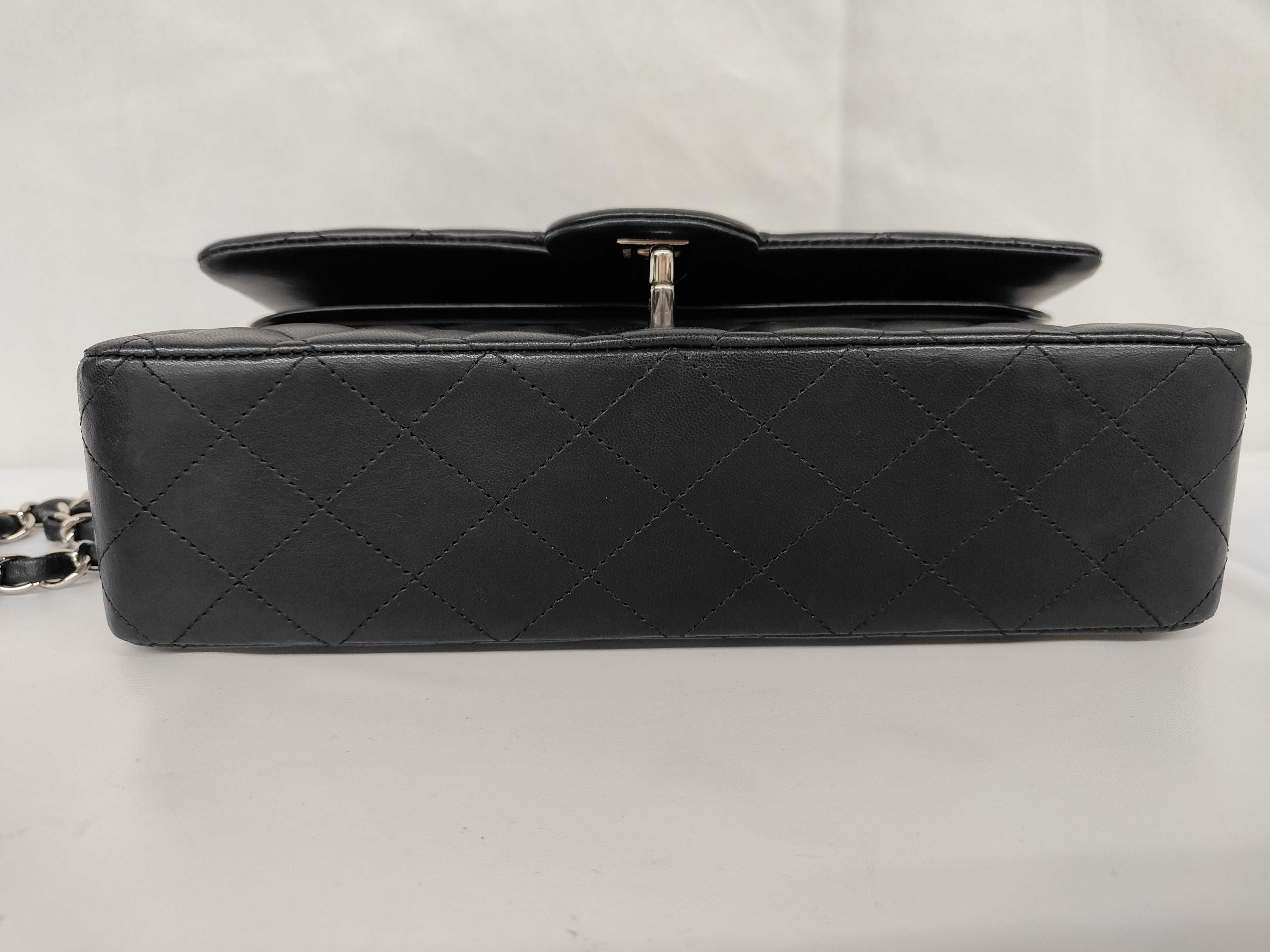 Matelassé Double Flap Chain Shoulder Bag, Black Lambskin, Silver Hardware. — view 8