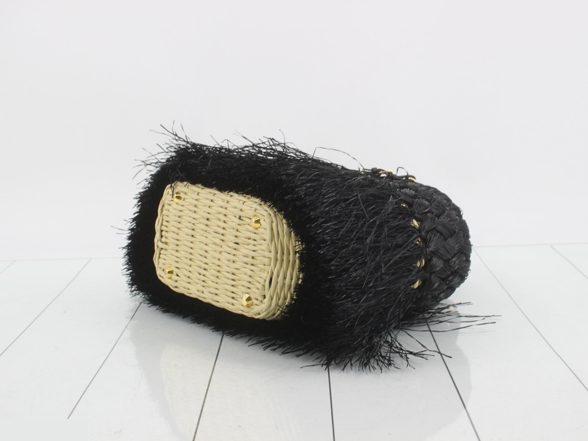 1BG089 Basket Bag, Fringe, Raffia, Black — view 6
