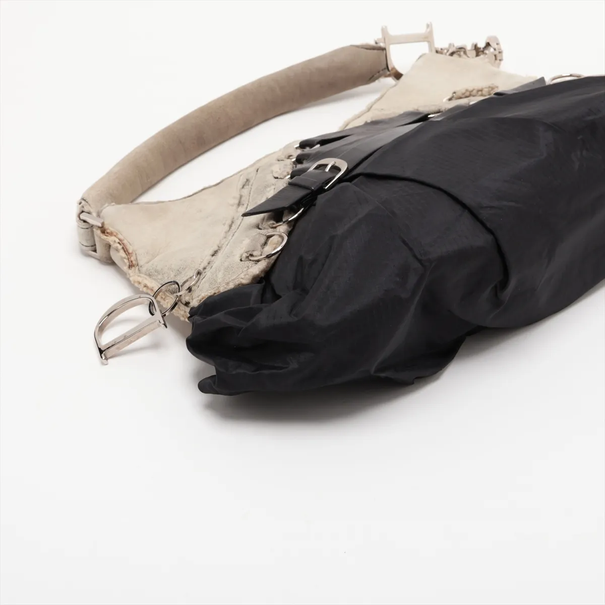 Corset Sheepskin x Nylon Handbag, Beige x Black, No Zipper Pull — view 4