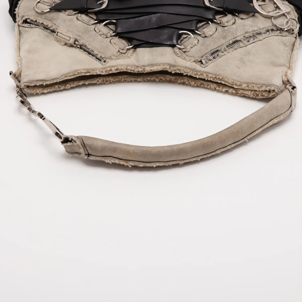 Corset Sheepskin x Nylon Handbag, Beige x Black, No Zipper Pull — view 5
