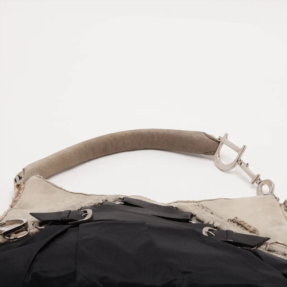 Corset Sheepskin x Nylon Handbag, Beige x Black, No Zipper Pull — view 6