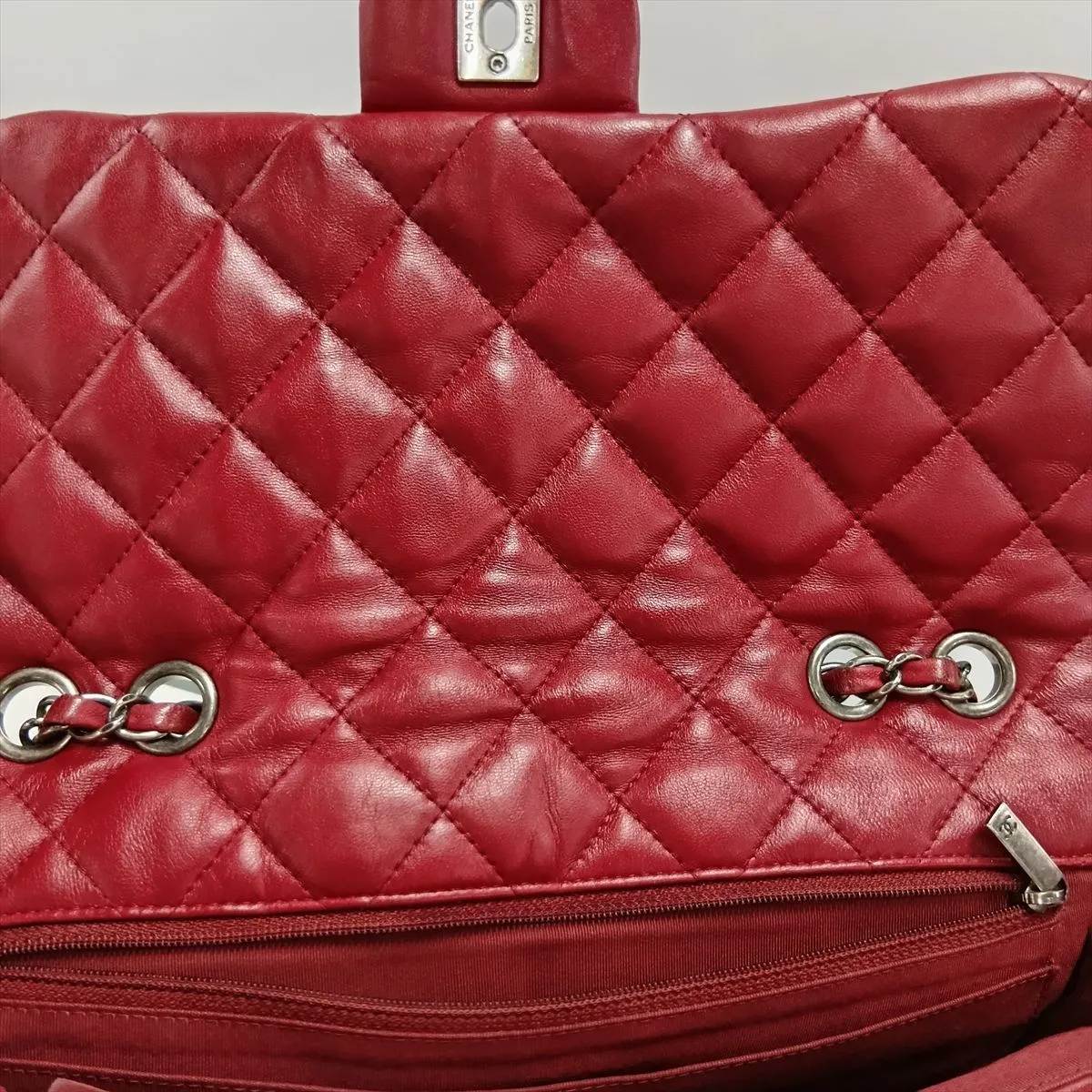 Coco Mark Lambskin Single Flap Double Chain Bag, Red, Gunmetal Hardware, 15995902, Serial Number 15 — view 14