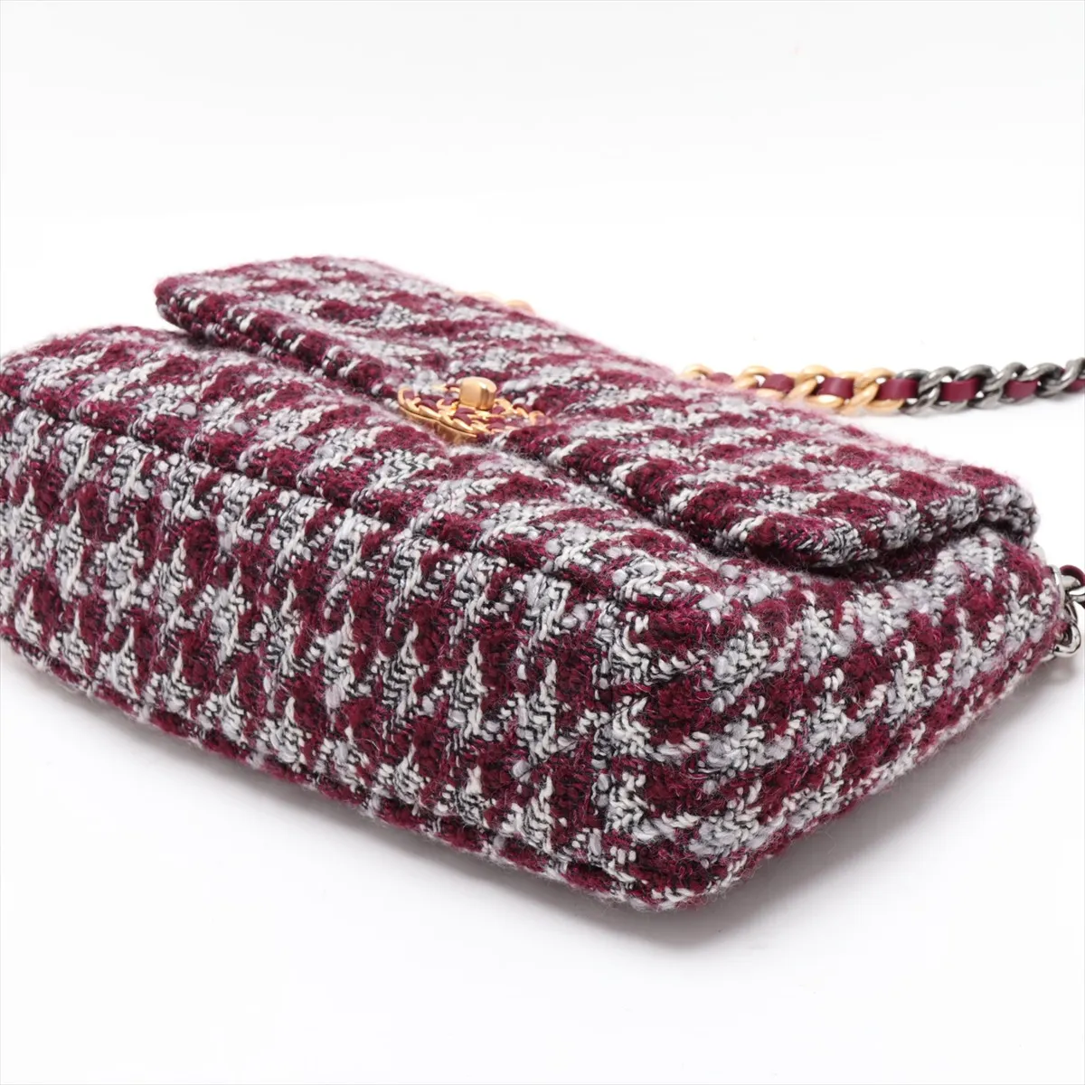 19 Large Tweed Chain Shoulder Bag, Bordeaux, Gold x Silver Hardware, H757HN1E, Random Plate, AS1161 — view 3
