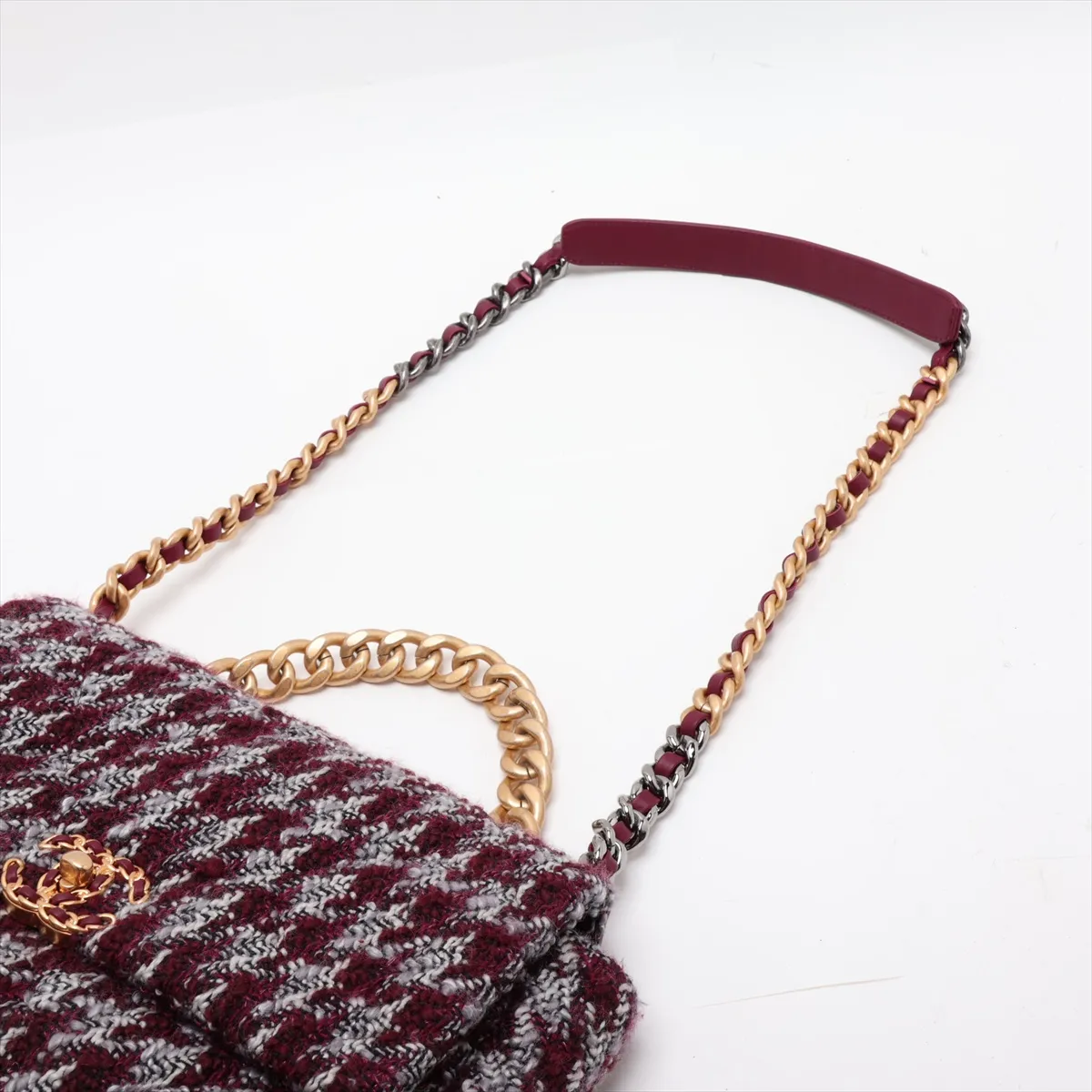 19 Large Tweed Chain Shoulder Bag, Bordeaux, Gold x Silver Hardware, H757HN1E, Random Plate, AS1161 — view 7