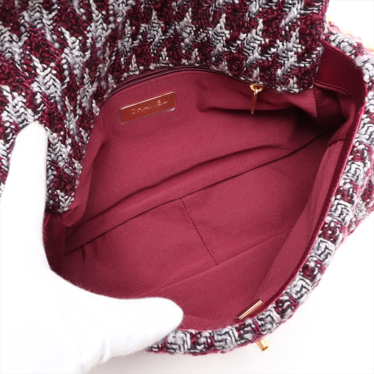 19 Large Tweed Chain Shoulder Bag, Bordeaux, Gold x Silver Hardware, H757HN1E, Random Plate, AS1161 — view 8