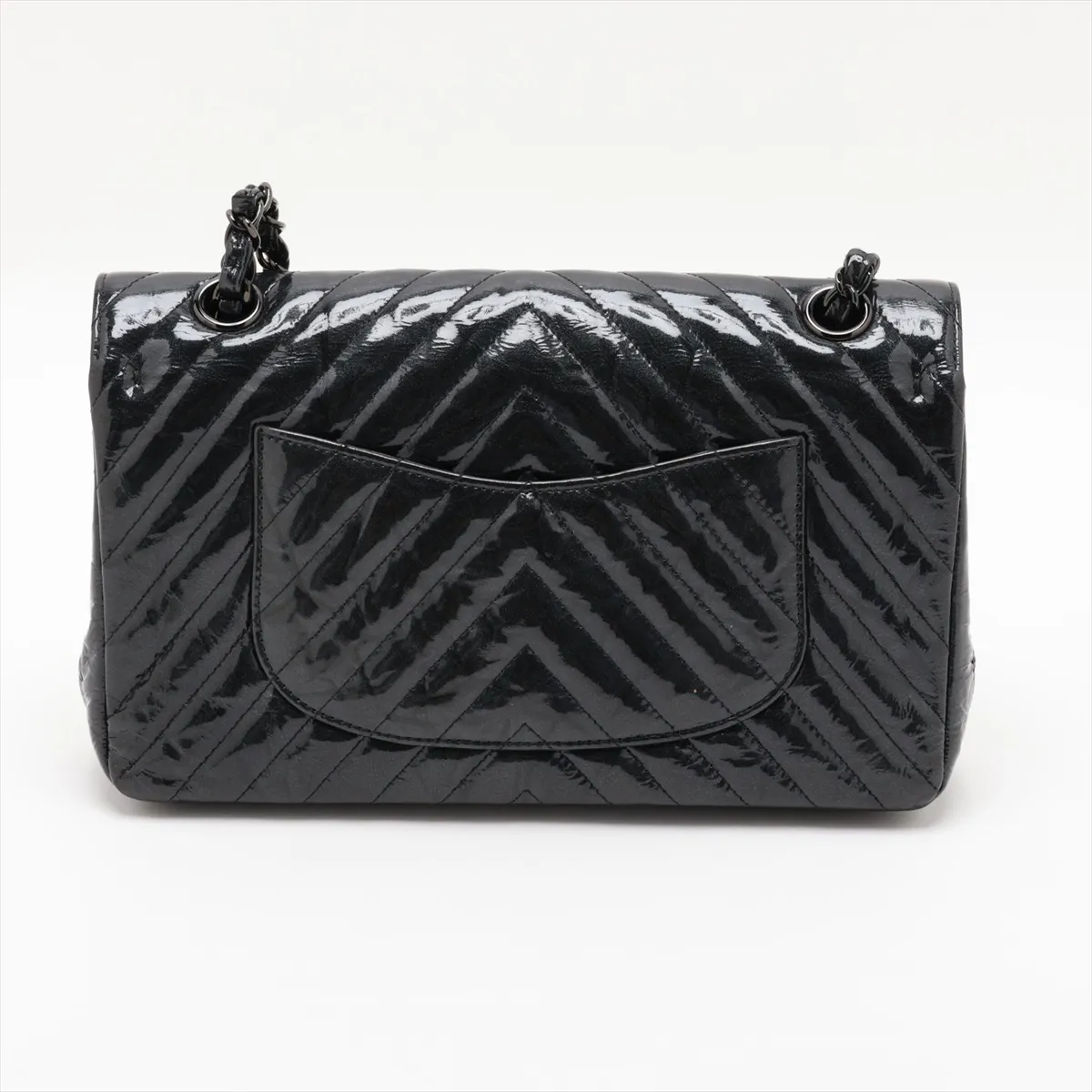 Chevron Patent Leather Double Flap Double Chain Bag, Black with Black Hardware, 26016944, Serial Number 26 — view 2