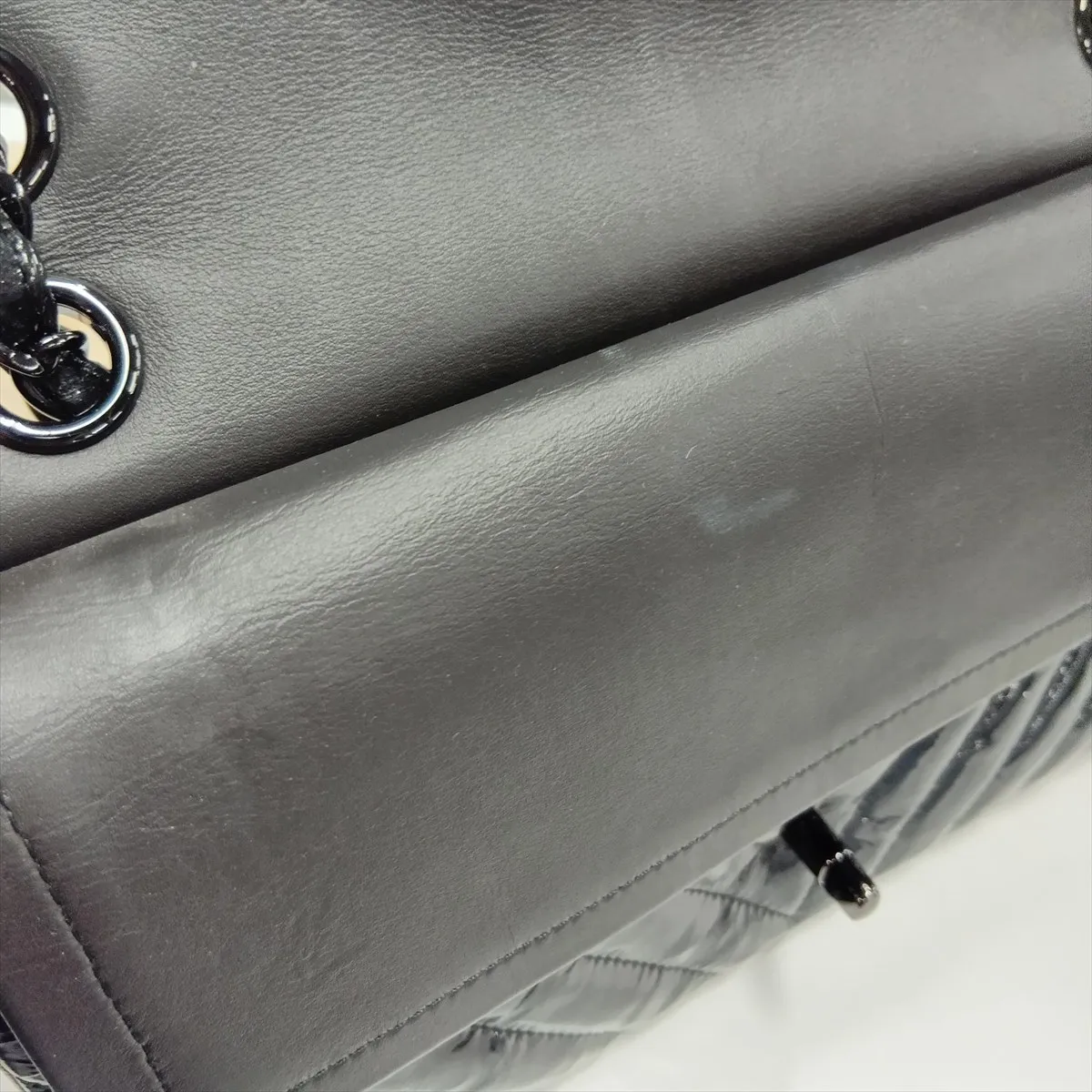 Chevron Patent Leather Double Flap Double Chain Bag, Black with Black Hardware, 26016944, Serial Number 26 — view 14