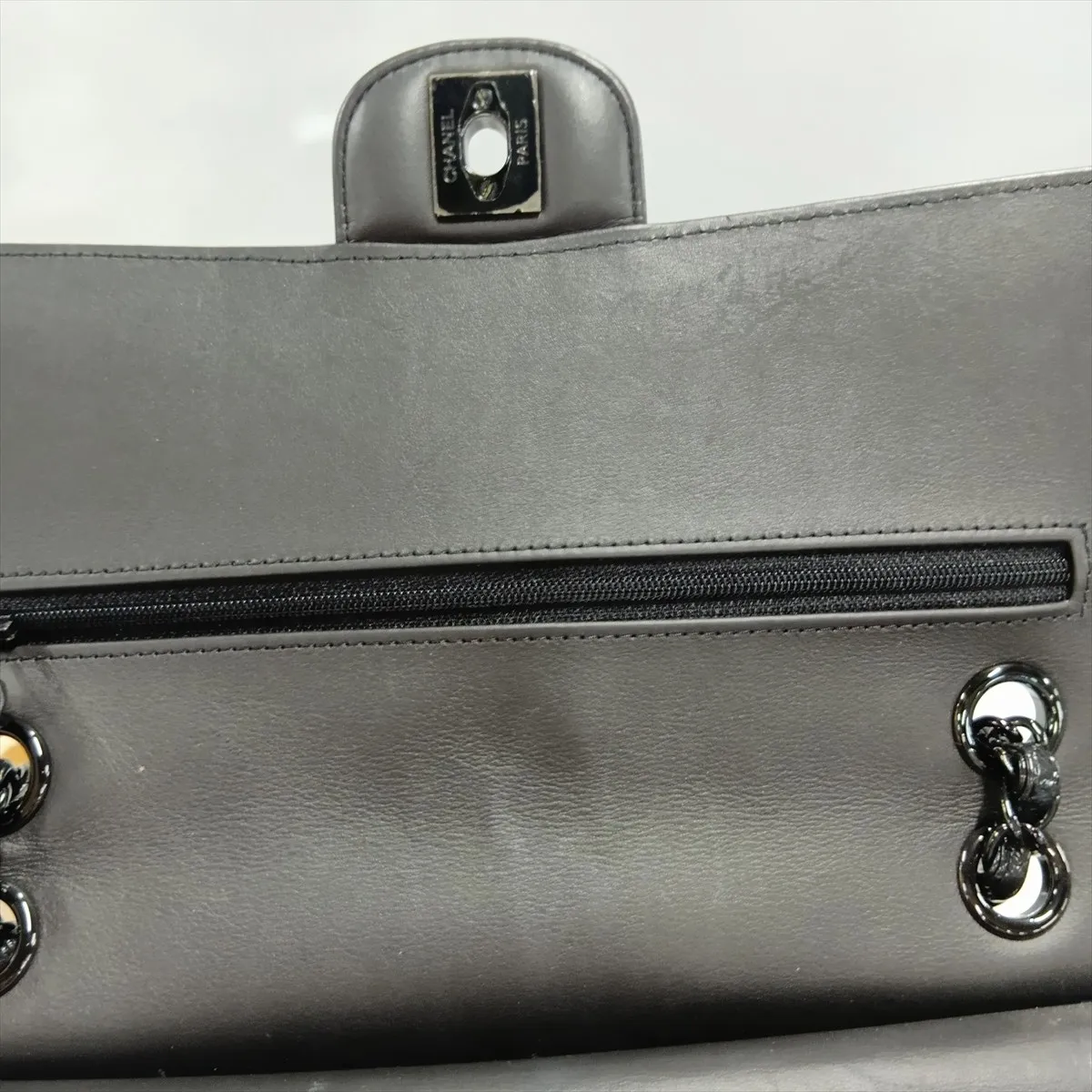 Chevron Patent Leather Double Flap Double Chain Bag, Black with Black Hardware, 26016944, Serial Number 26 — view 15