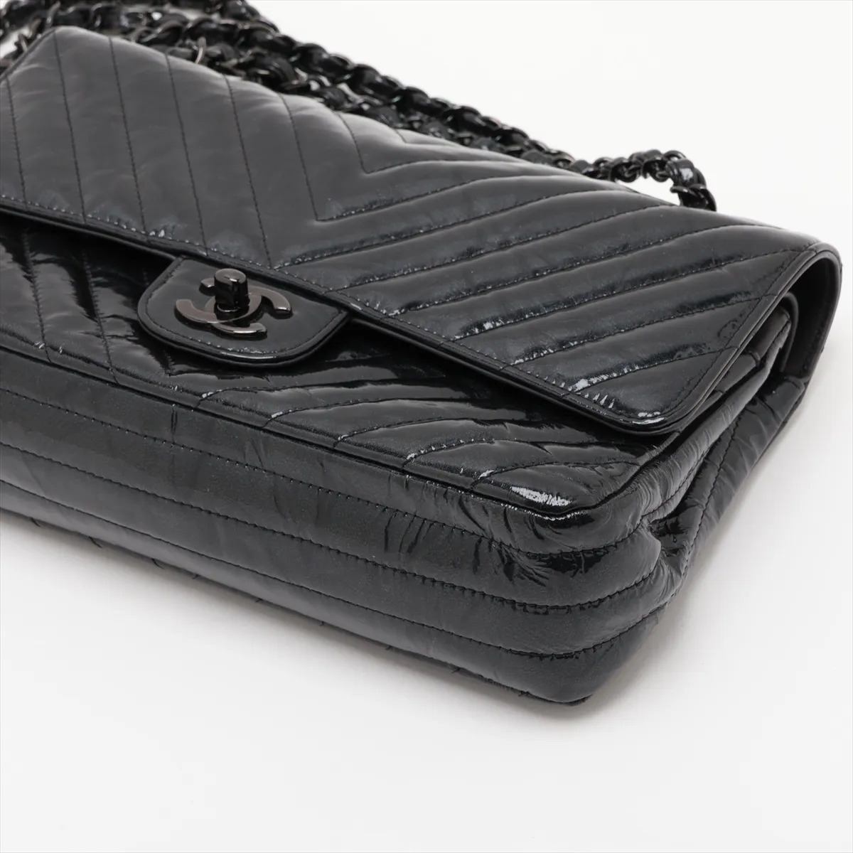 Chevron Patent Leather Double Flap Double Chain Bag, Black with Black Hardware, 26016944, Serial Number 26 — view 3