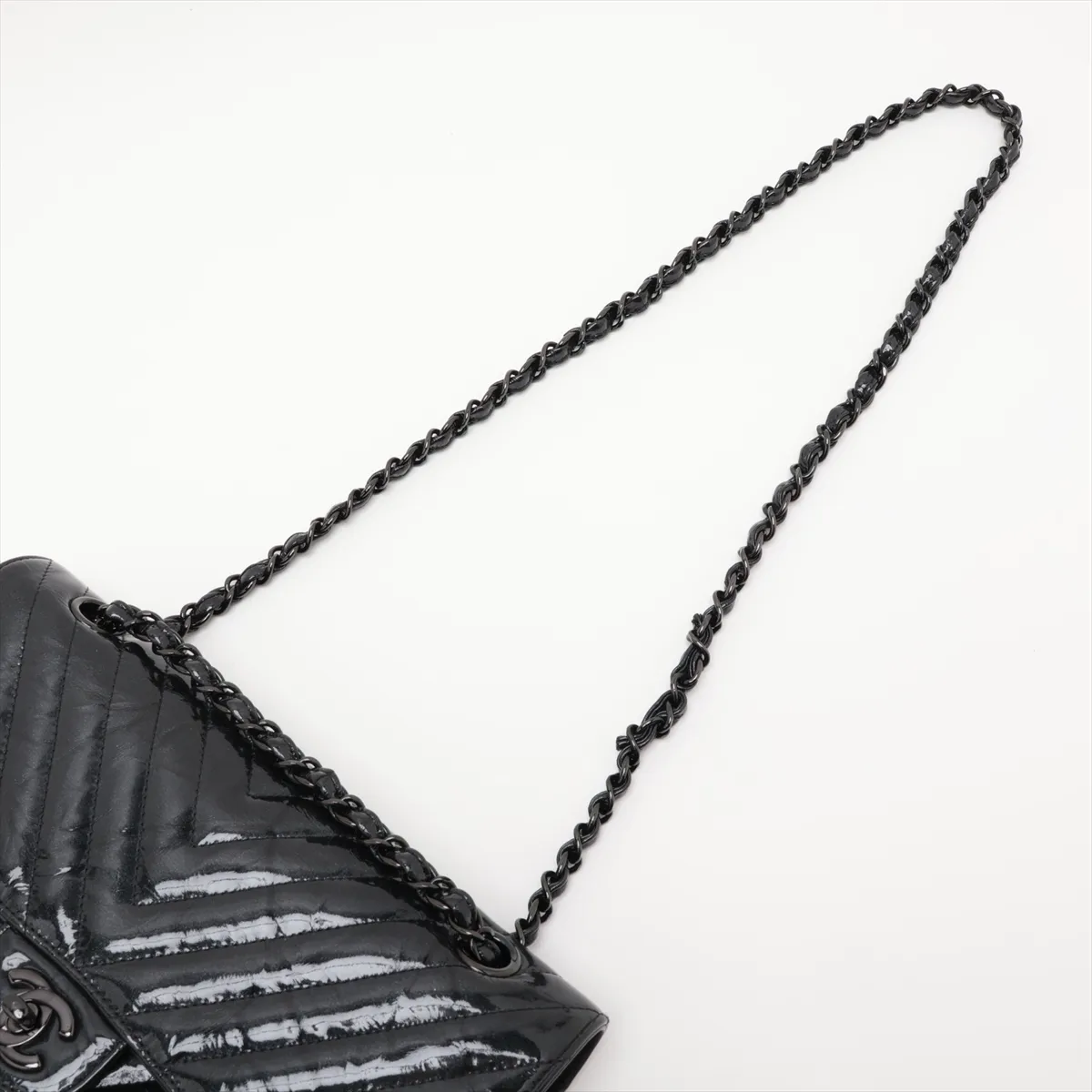 Chevron Patent Leather Double Flap Double Chain Bag, Black with Black Hardware, 26016944, Serial Number 26 — view 5