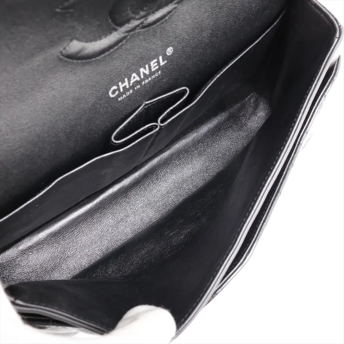 Chevron Patent Leather Double Flap Double Chain Bag, Black with Black Hardware, 26016944, Serial Number 26 — view 6