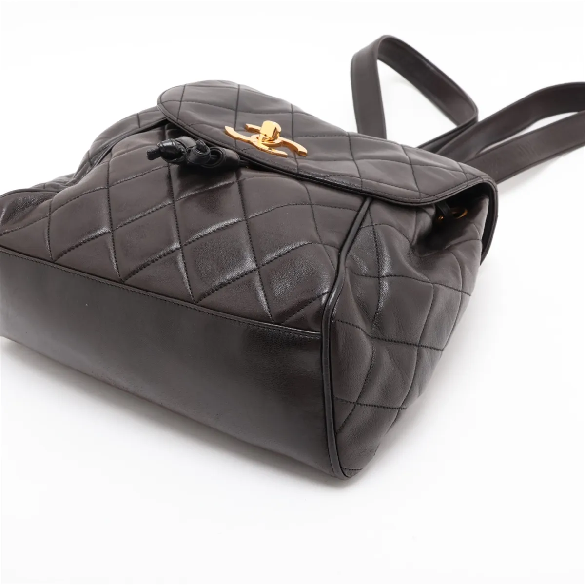 Matelassé Lambskin Backpack, Black with Gold Hardware — view 3