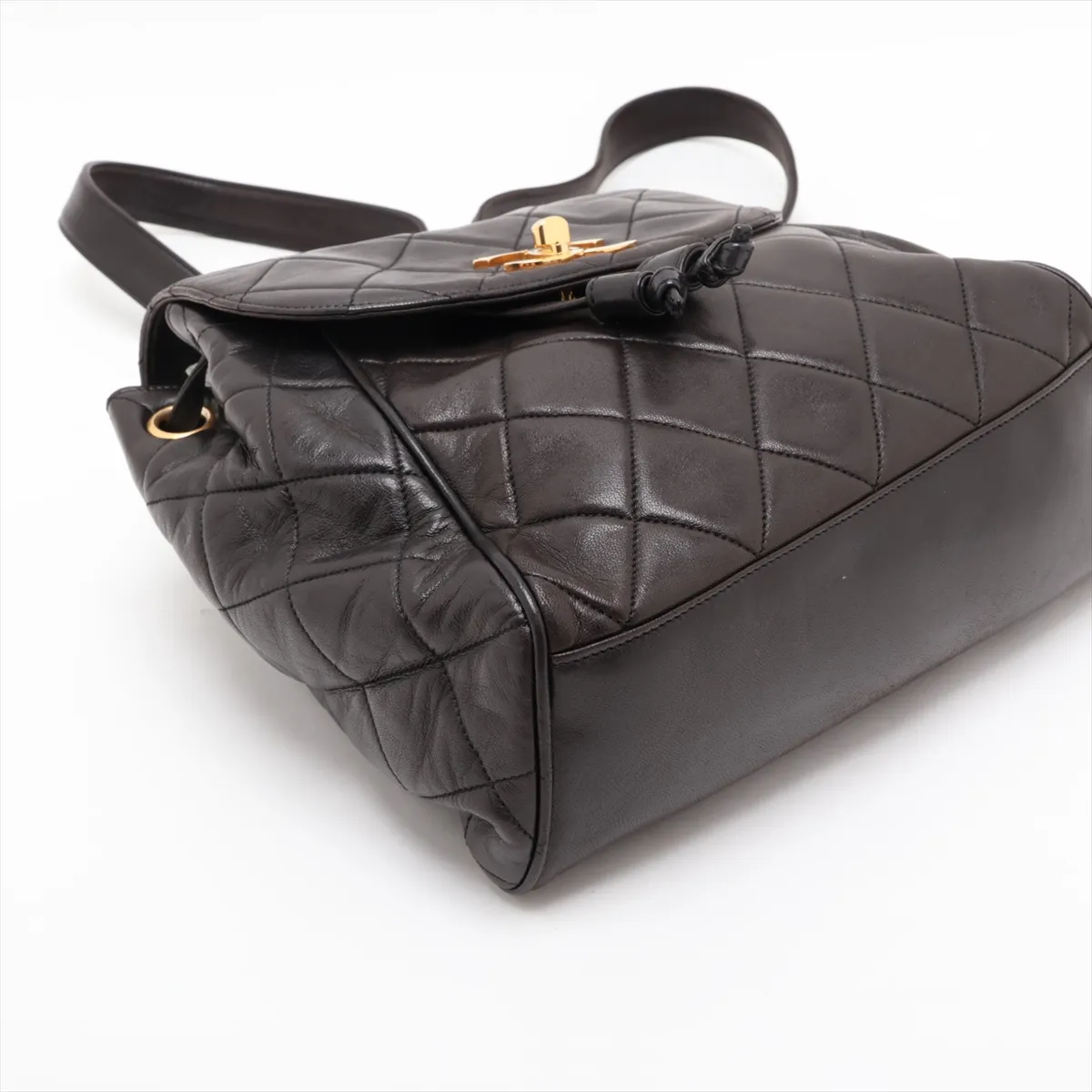 Matelassé Lambskin Backpack, Black with Gold Hardware — view 4