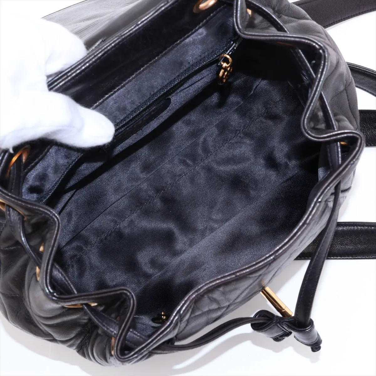 Matelassé Lambskin Backpack, Black with Gold Hardware — view 7