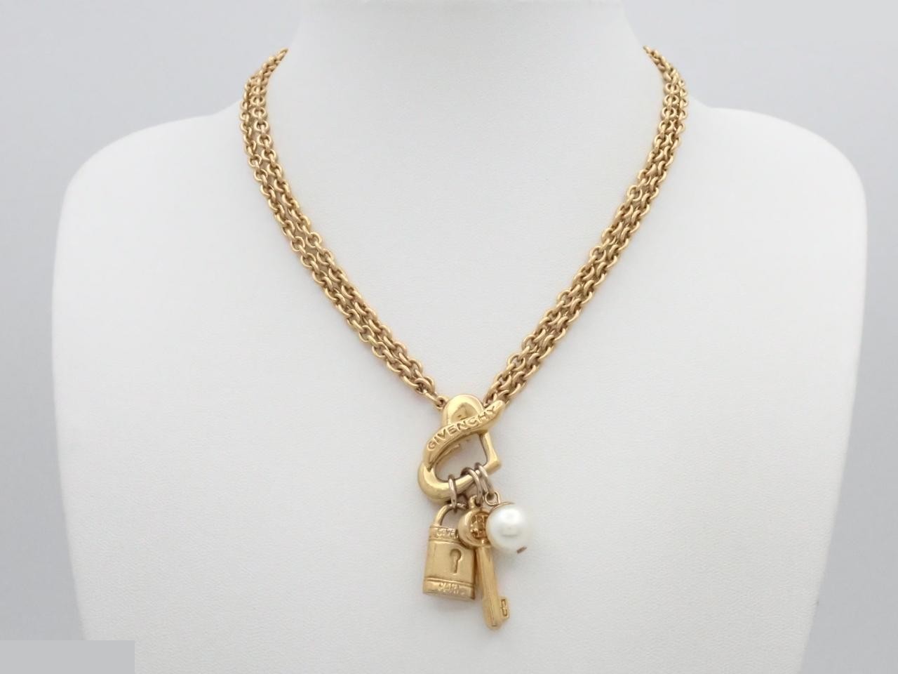 Heart Key Padlock Pearl Double Chain Necklace — view 3