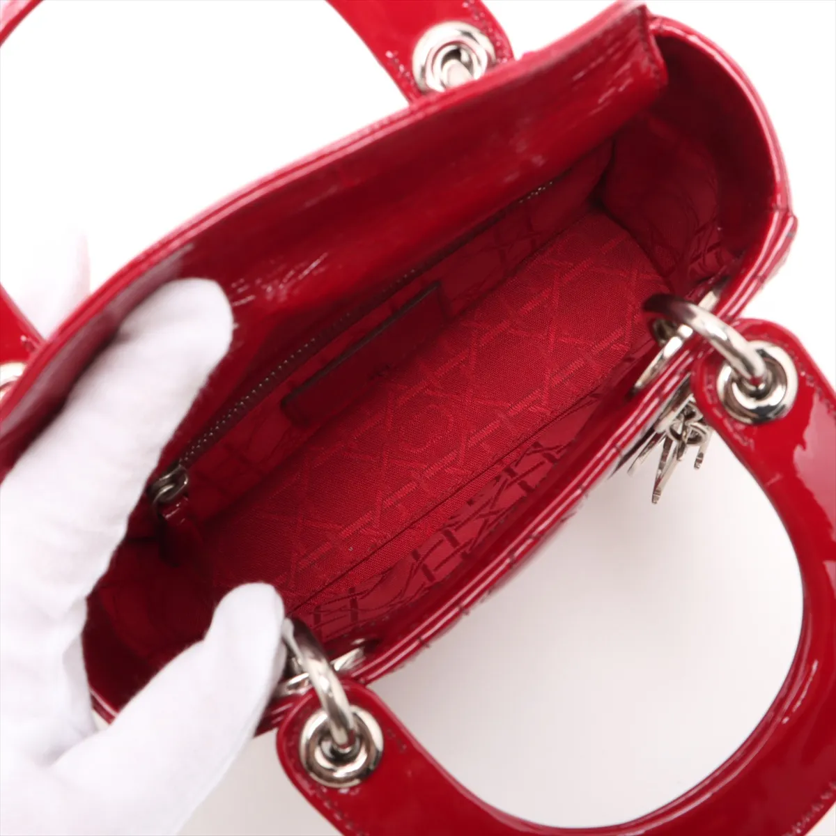 Cannage Lady Dior Mini Patent Leather 2-Way Handbag, Red — view 8