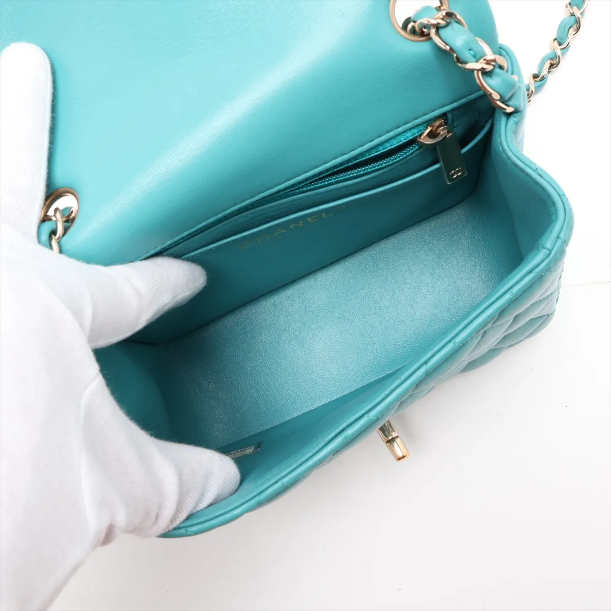 Mini Matelassé 17 Lambskin Single Flap Single Chain Bag, Blue with Gold Hardware, 31268732, Serial Number 31-series, A35200 — view 6