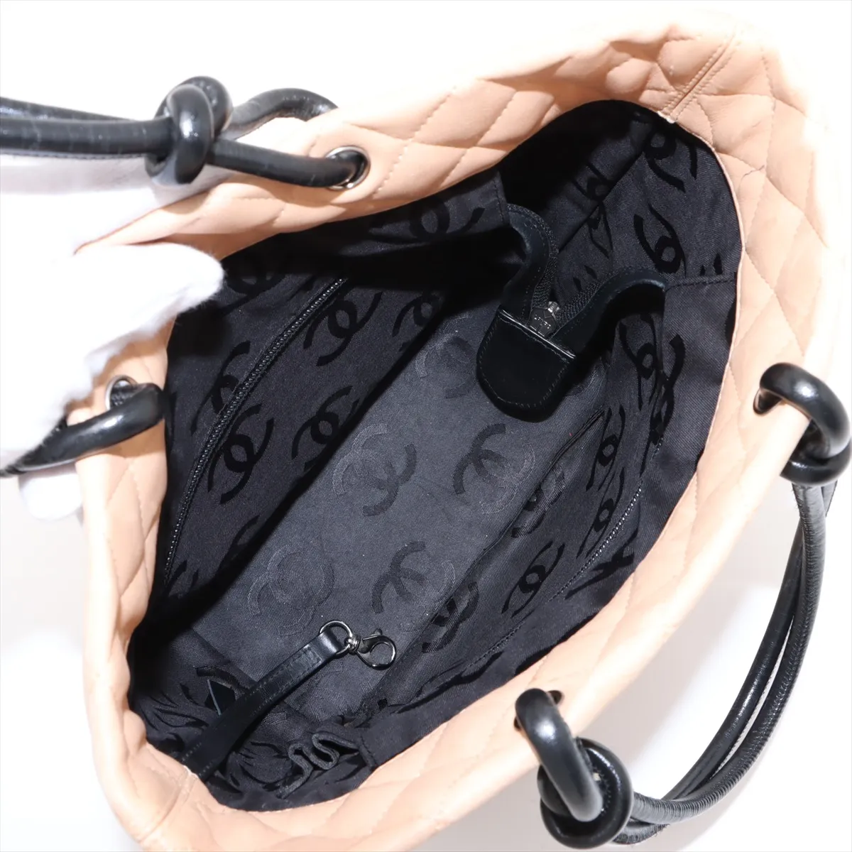 Cambon Line Lambskin Tote Bag, Beige x Black, Silver Hardware, 9018262, Series 9 — view 7