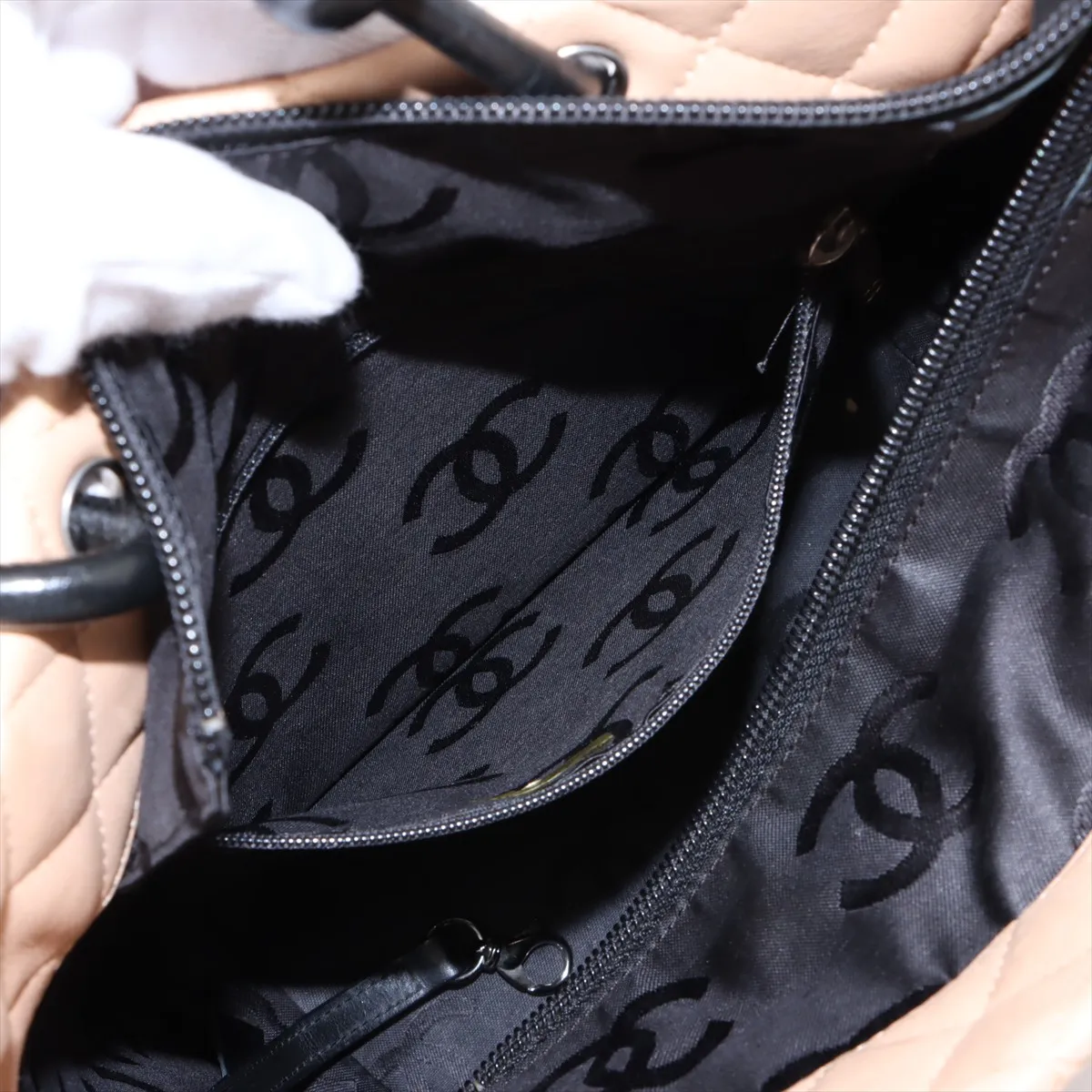 Cambon Line Lambskin Tote Bag, Beige x Black, Silver Hardware, 9018262, Series 9 — view 8