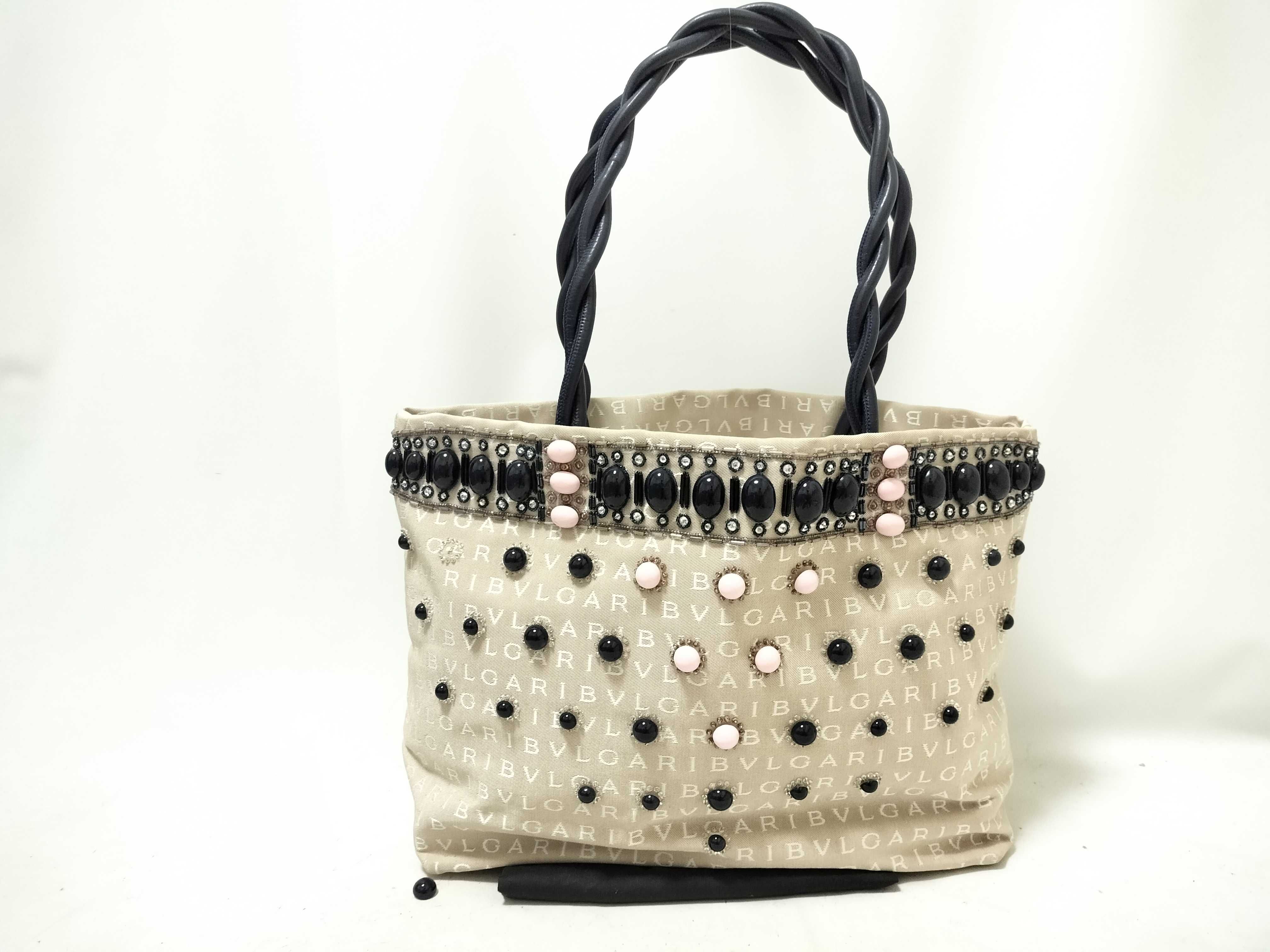 Logomania Bead Decoration Canvas x Leather Beige Tote Bag