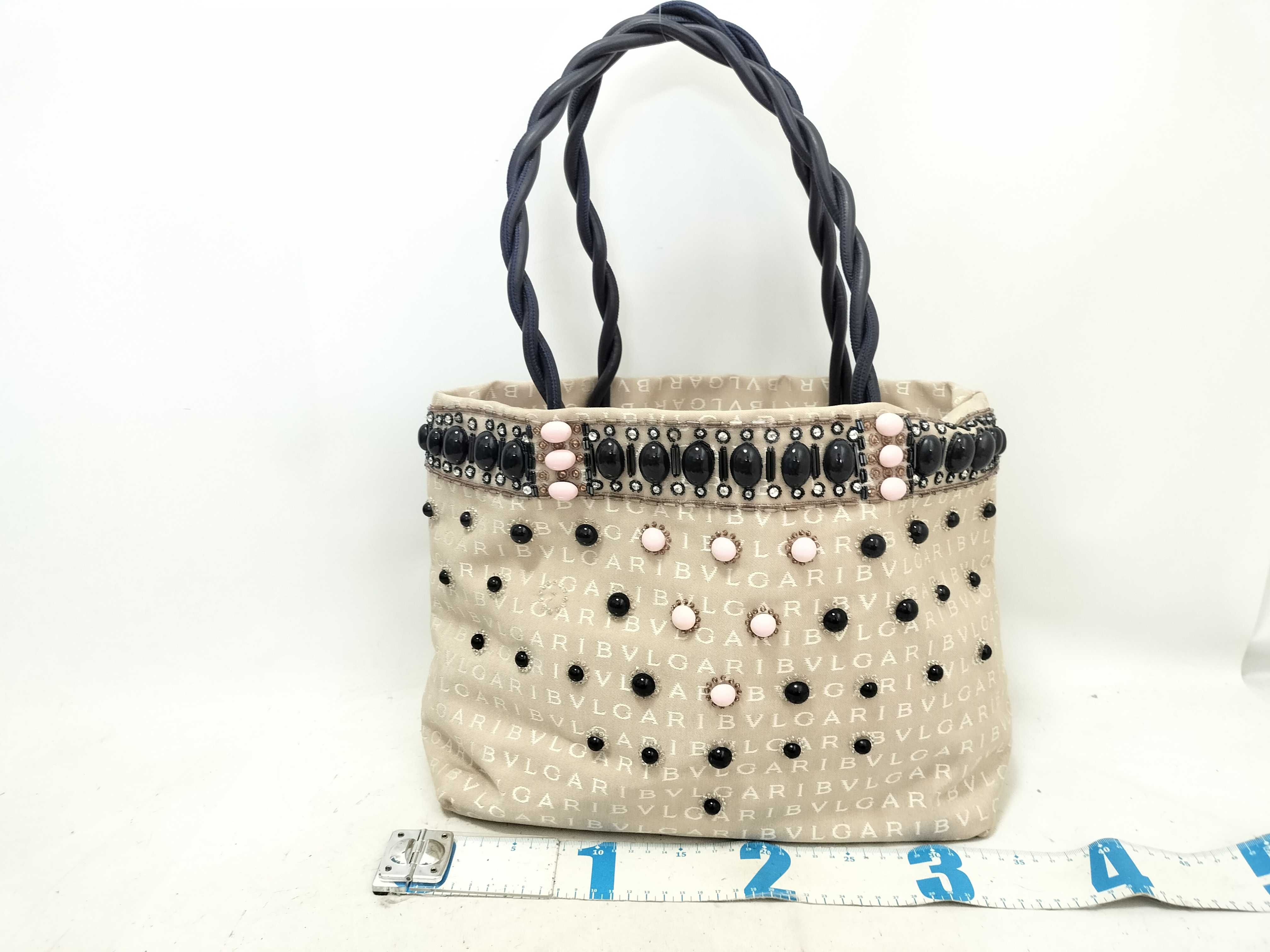 Logomania Bead Decoration Canvas x Leather Beige Tote Bag — view 2