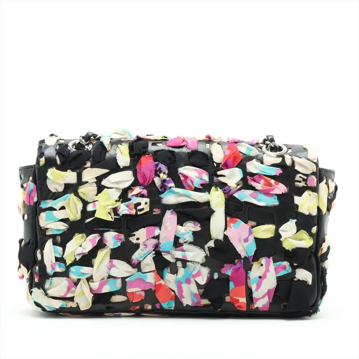 Coco Mark Silk x Lambskin Single Flap Double Chain Bag, Multicolor, Silver Hardware, 14894170, Series 14 — view 2
